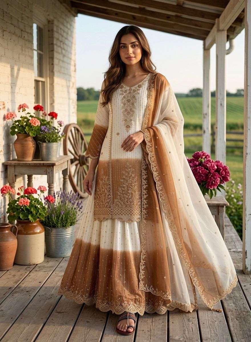 PD 1146 DUAL TONE GEORGETTE HEAVY EMBROIDERED DESIGNER WEDDING WEAR SHARARA SUIT