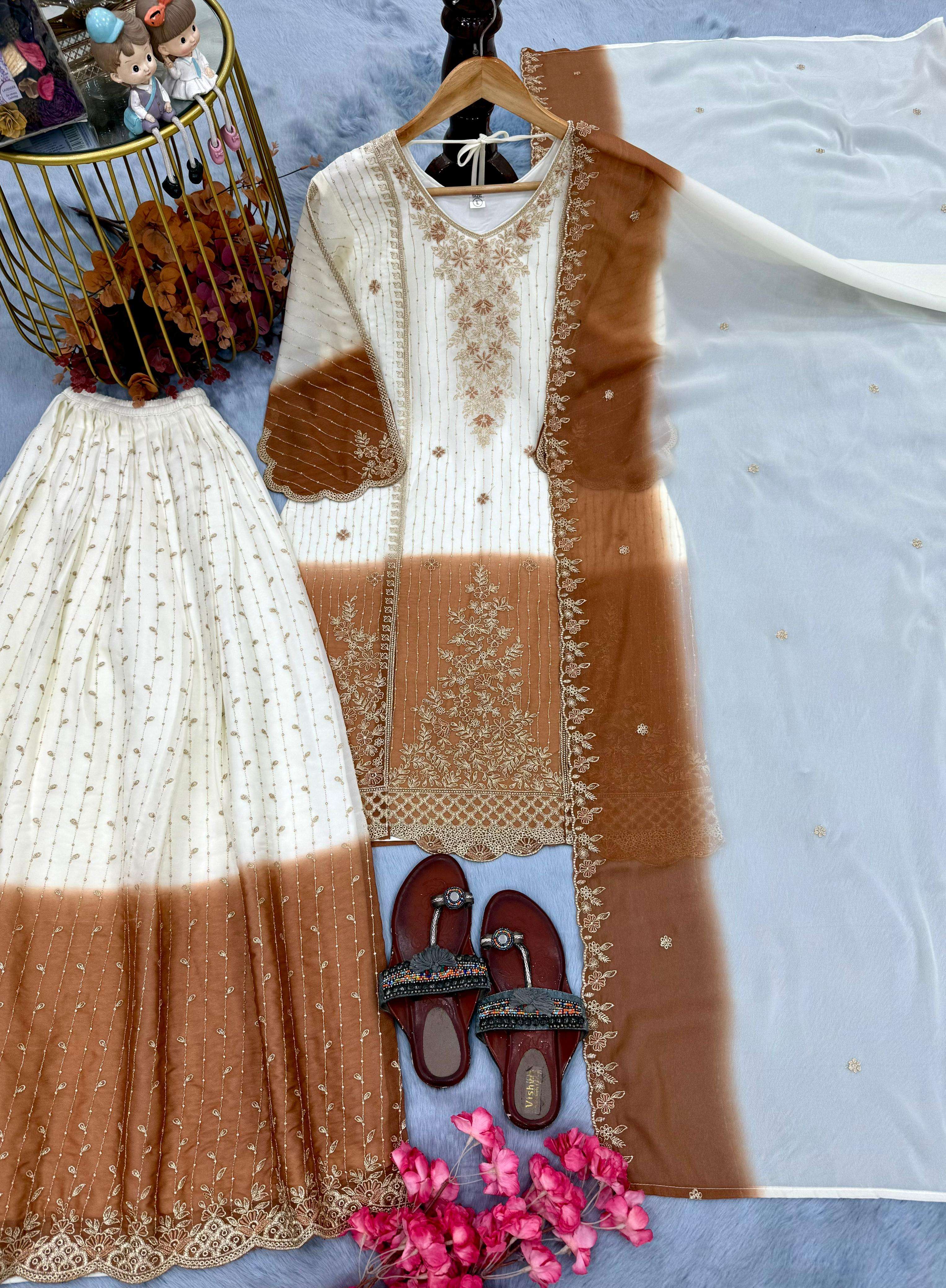 PD 1146 DUAL TONE GEORGETTE HEAVY EMBROIDERED DESIGNER WEDDING WEAR SHARARA SUIT