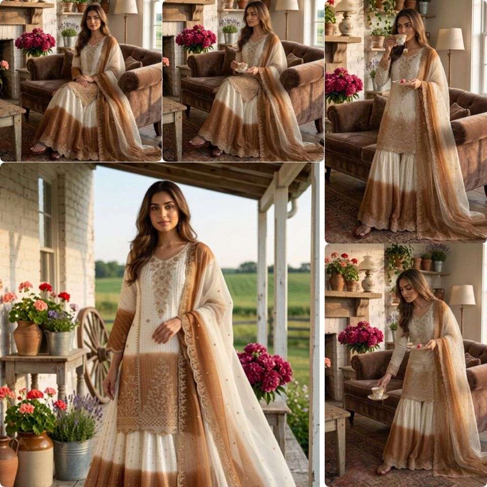 PD 1146 DUAL TONE GEORGETTE HEAVY EMBROIDERED DESIGNER WEDDING WEAR SHARARA SUIT