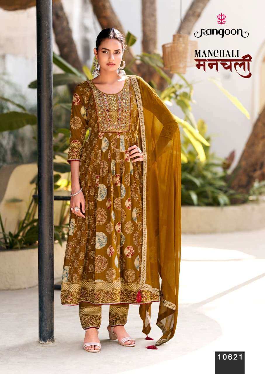 RANGOON MANCHALI COTTON PRINT WITH FANCY WORK LADIES ANARKALI GOWN SUIT