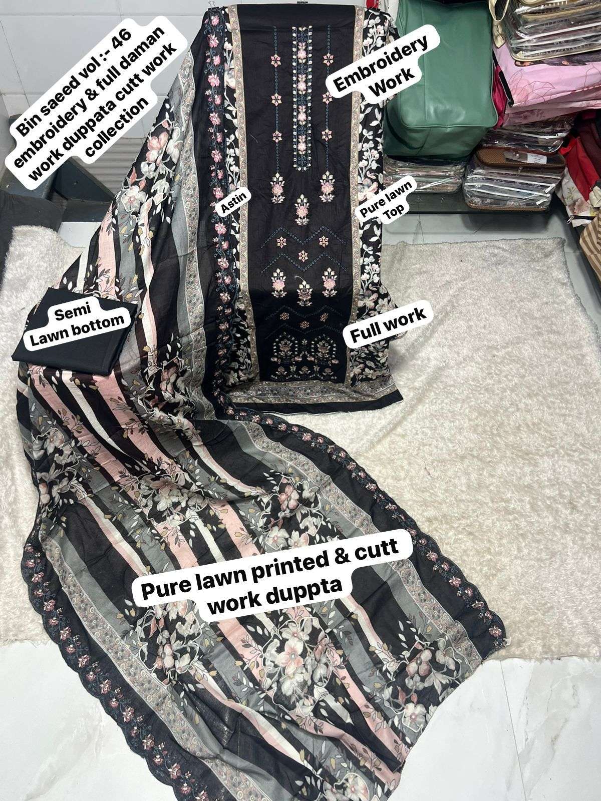 SAPPHIRE BIN SAEED VOL 46 LAWN COTTON PRINTED WITH EMBROIDERY WORK SUIT