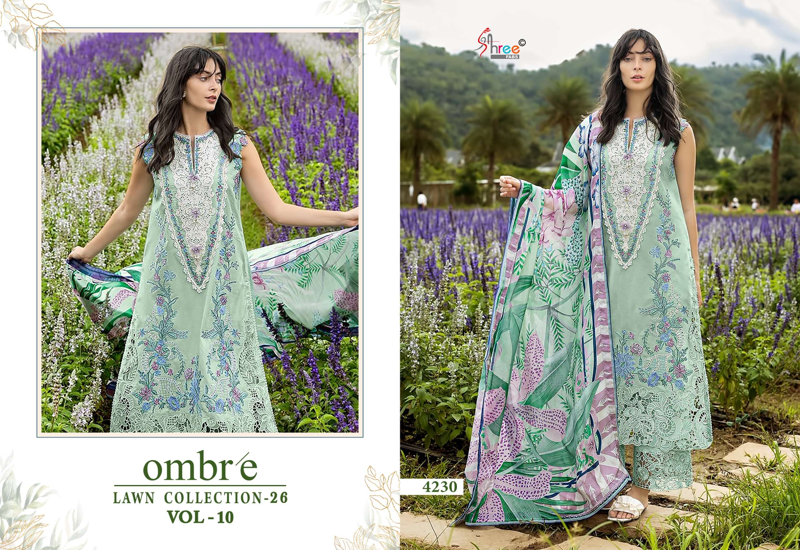 SHREE FABS OMBRE LAWN COLLECTION 26 VOL 10 COTTON HEAVY EMBROIDERY WORK SUIT