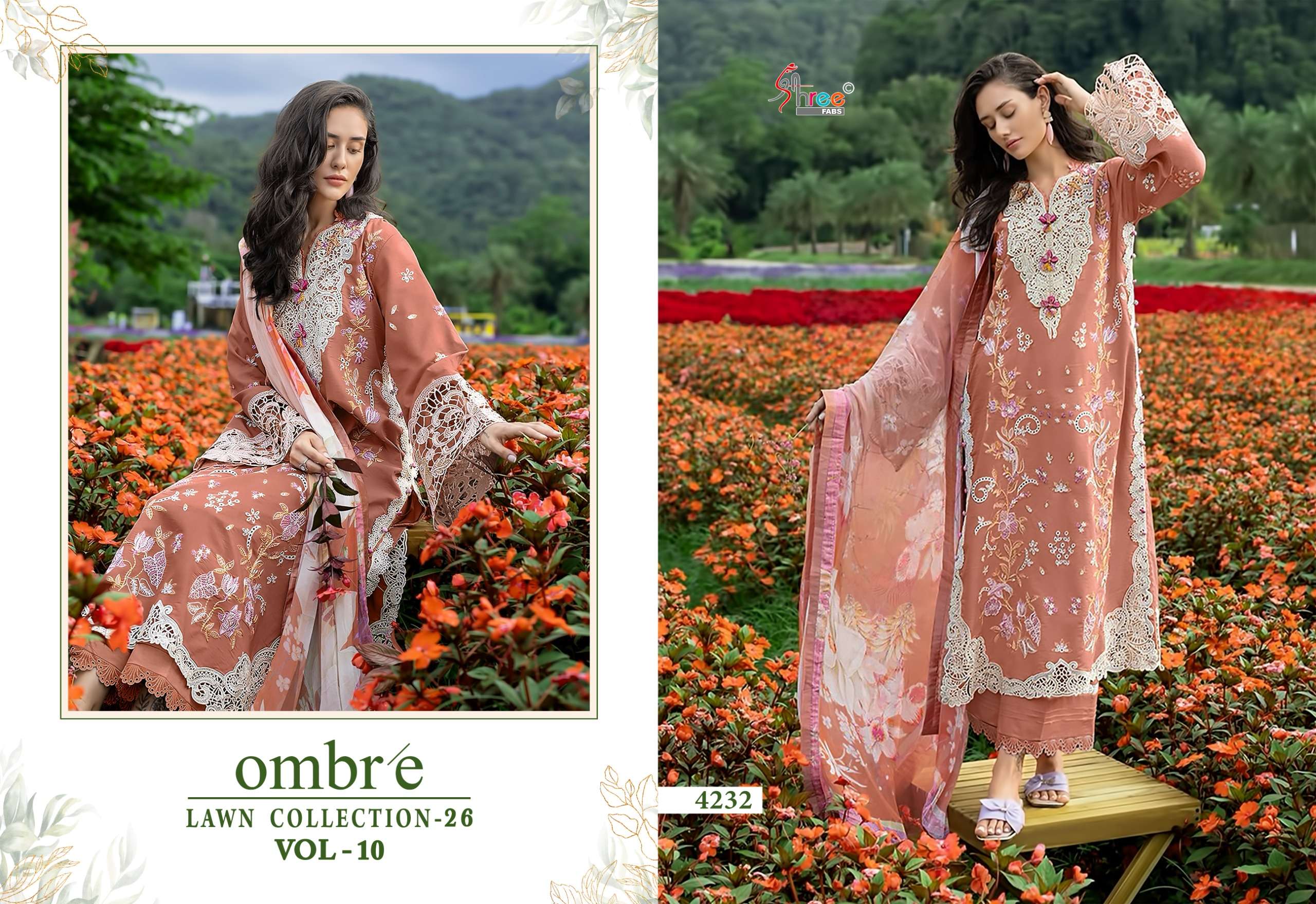 SHREE FABS OMBRE LAWN COLLECTION 26 VOL 10 COTTON HEAVY EMBROIDERY WORK SUIT