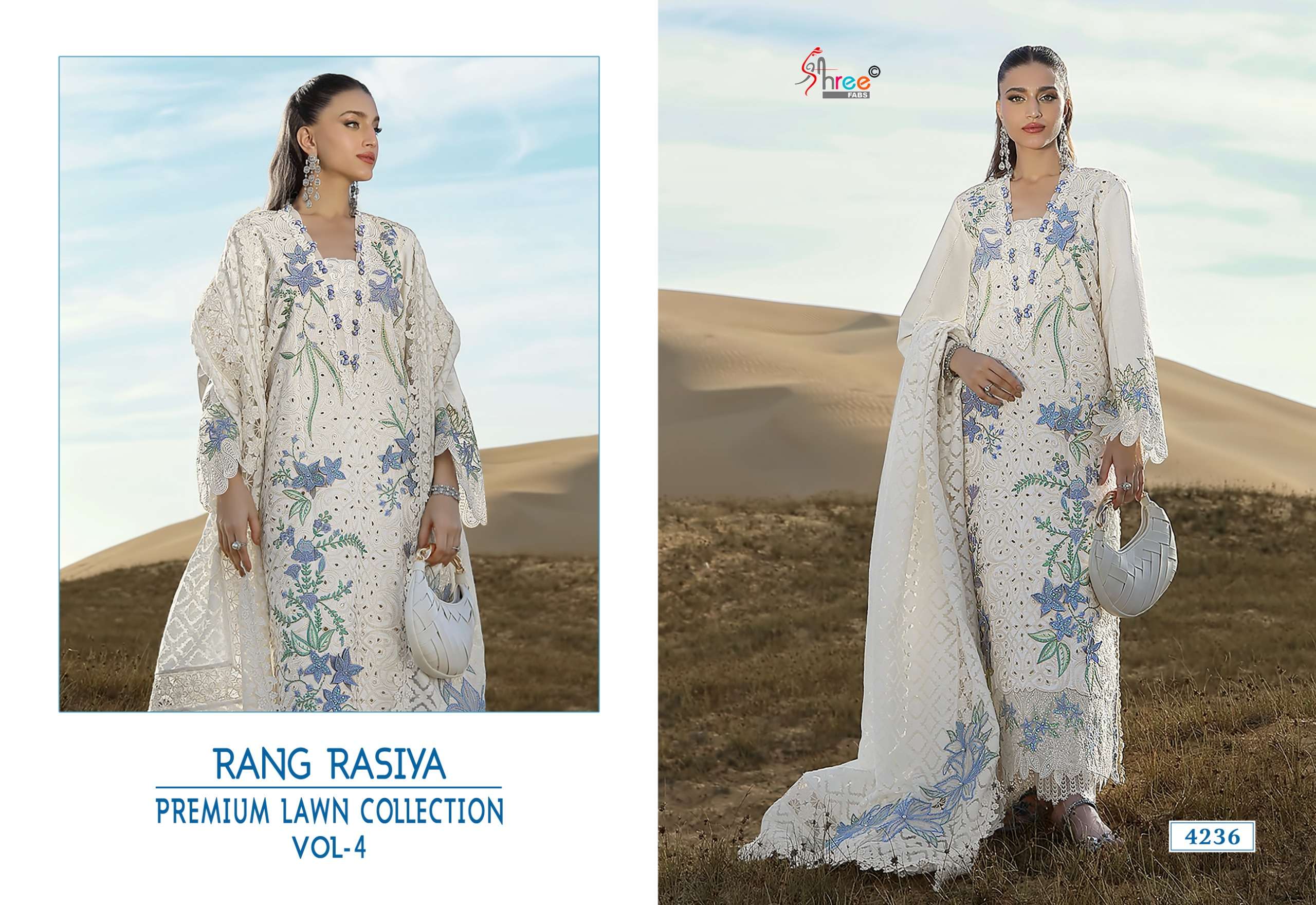 SHREE FABS RANG RASIYA PREMIUM LAWN COLLECTION VOL 4 COTTON HEAVY EMBROIDERY DESIGNER WORK SUIT