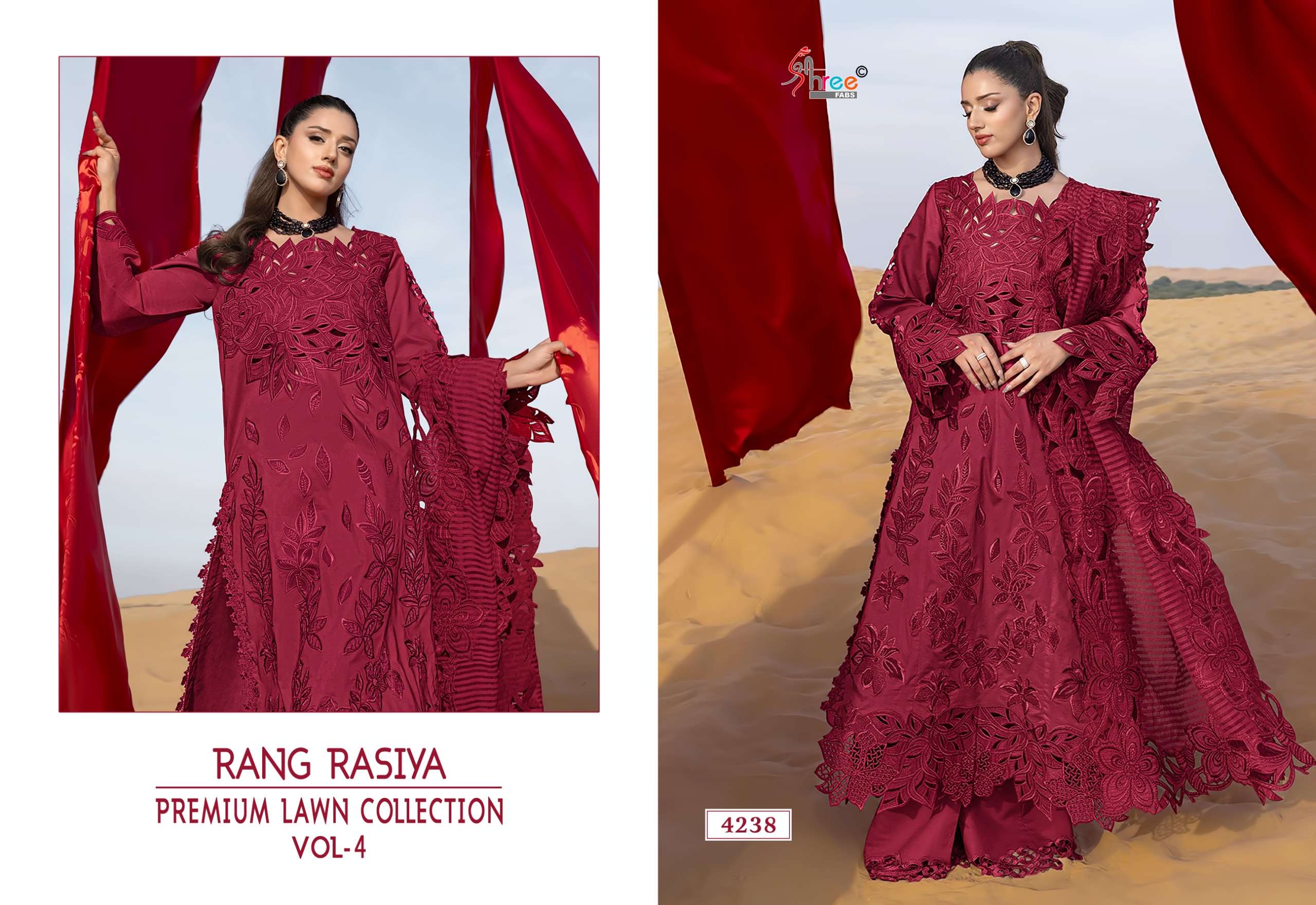 SHREE FABS RANG RASIYA PREMIUM LAWN COLLECTION VOL 4 COTTON HEAVY EMBROIDERY DESIGNER WORK SUIT