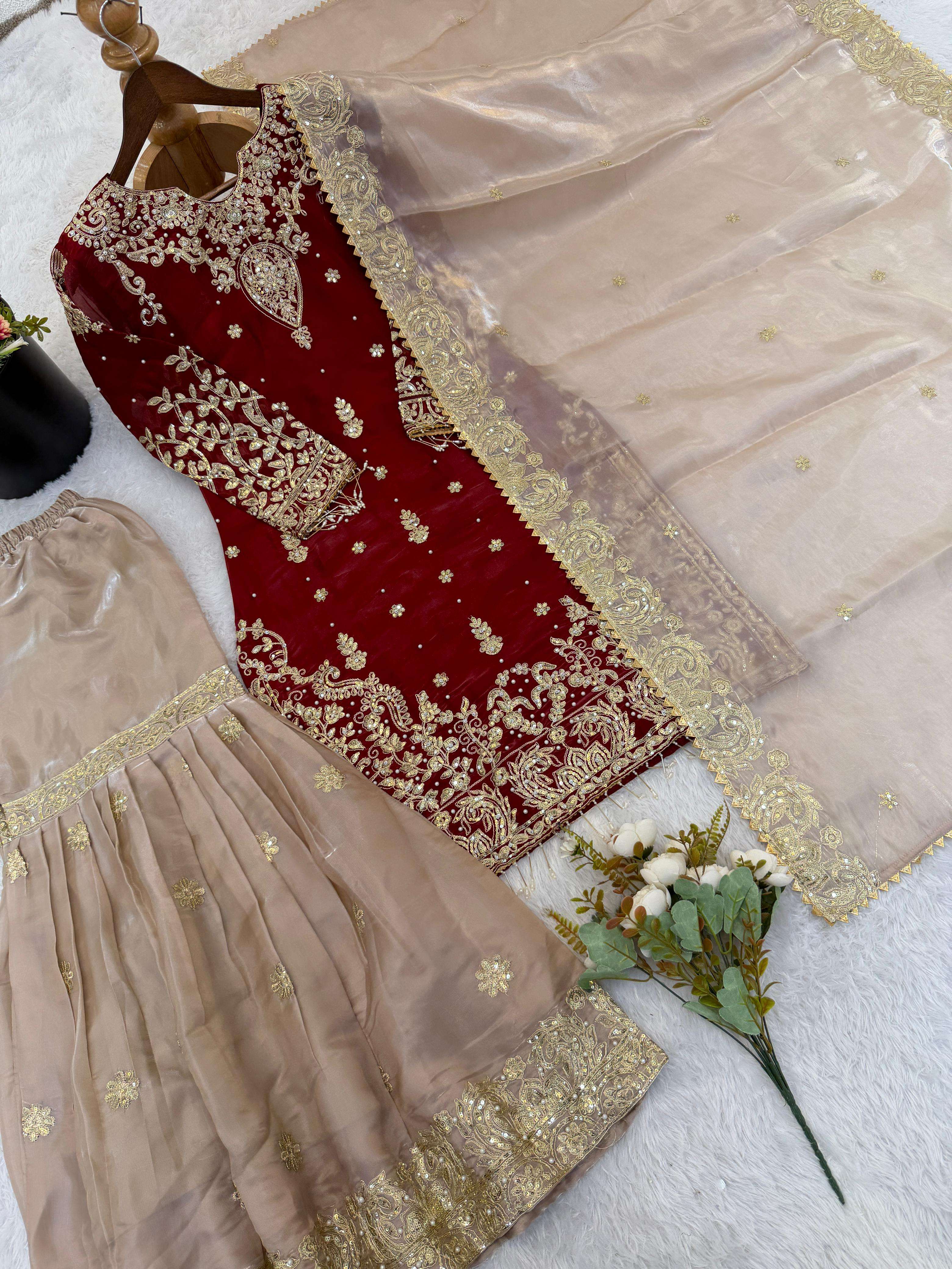 SR 1702 SILK HEAVY BEAUTIFUL EMBROIDERY DESIGNER FESTIVE WEAR LADIES SHARARA SUIT