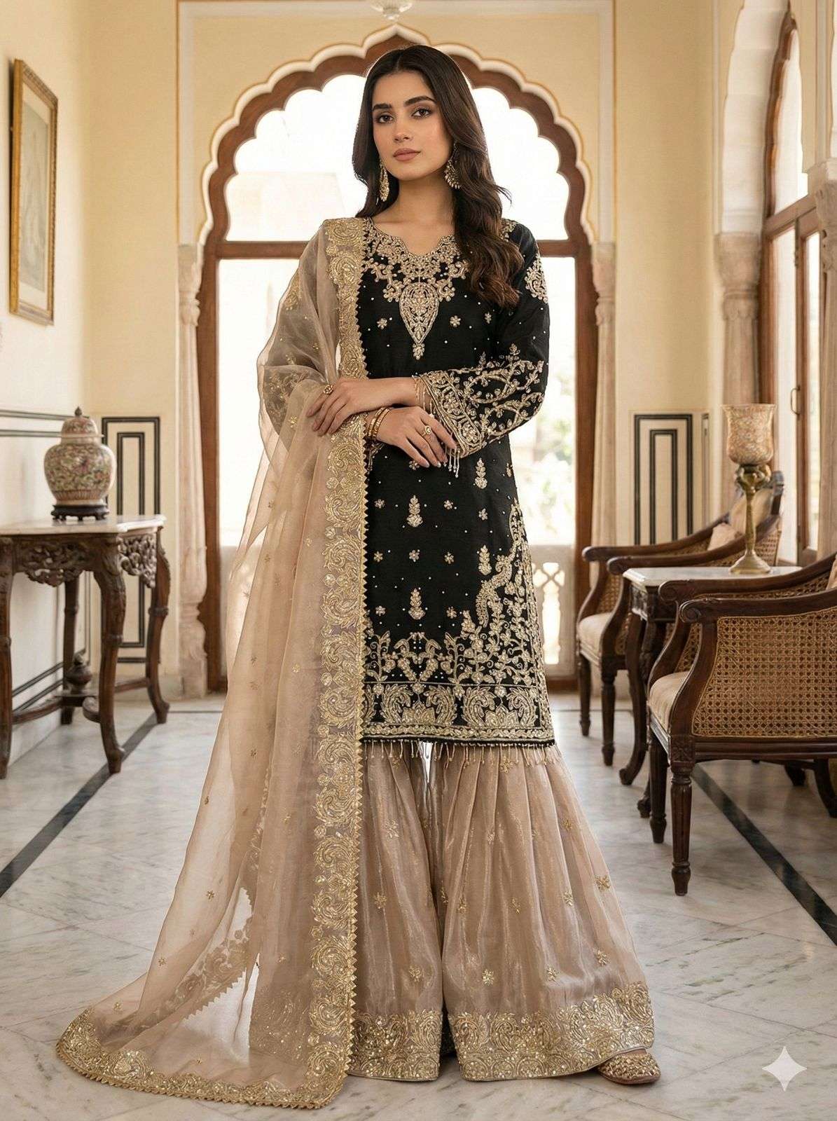 SR 1702 SILK HEAVY BEAUTIFUL EMBROIDERY DESIGNER FESTIVE WEAR LADIES SHARARA SUIT