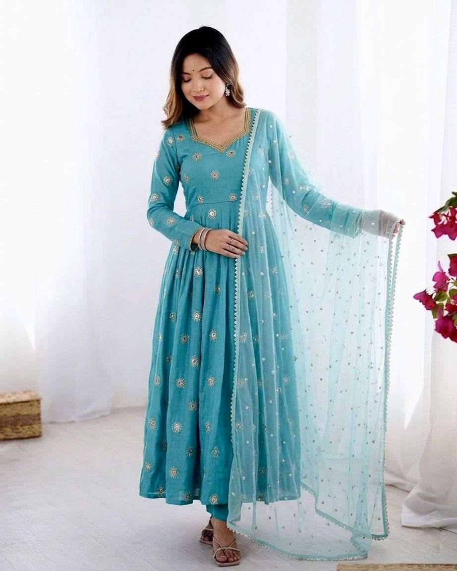 SSR 524 SILK SEQUENCE EMBROIDERY WORK ANARKALI STYLE GOWN BOTTOM AND DUPATTA SET 
