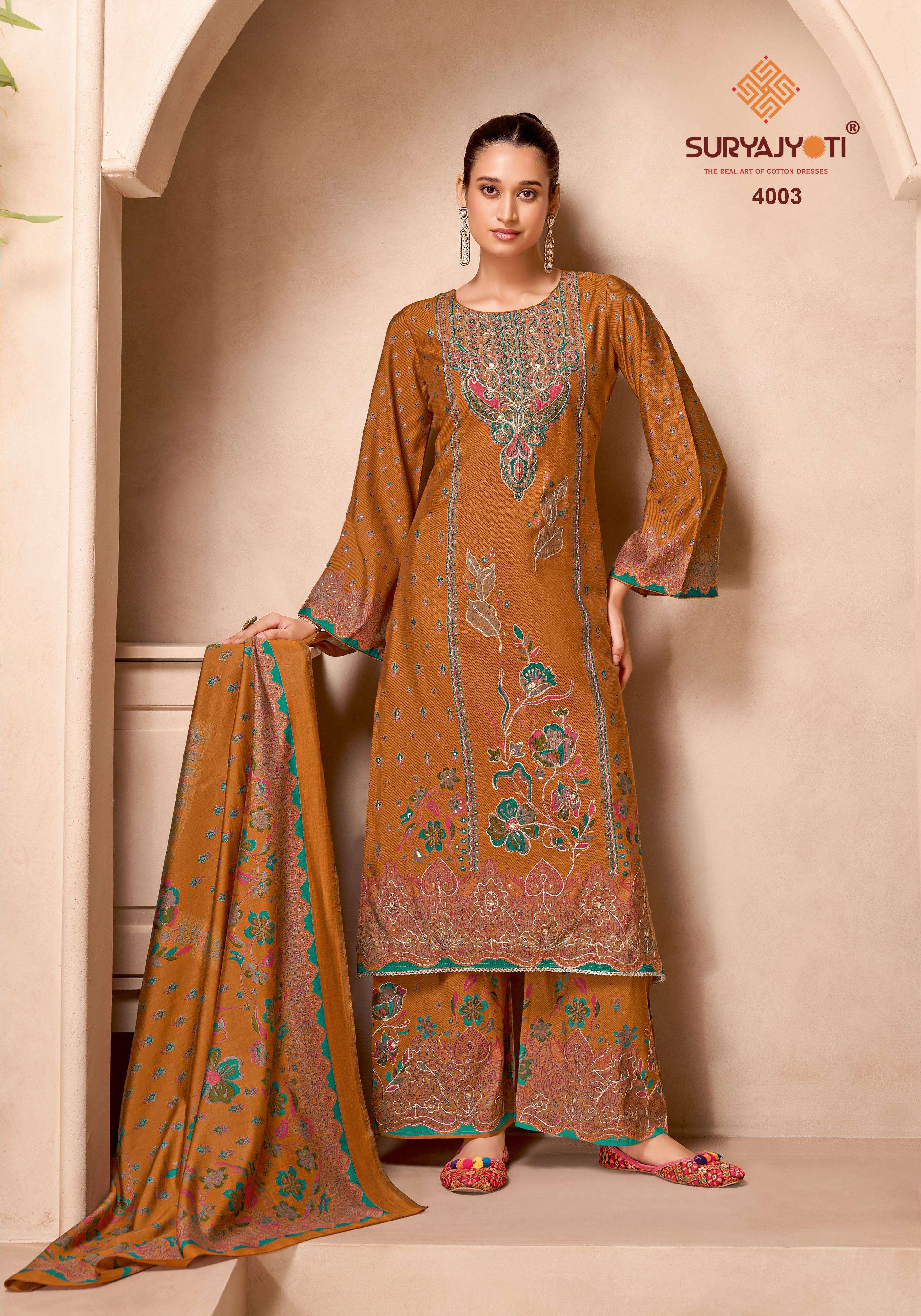 SURYAJYOTI KOMAL VOL 4 MODAL PRINT WITH FANCY WORK SUIT