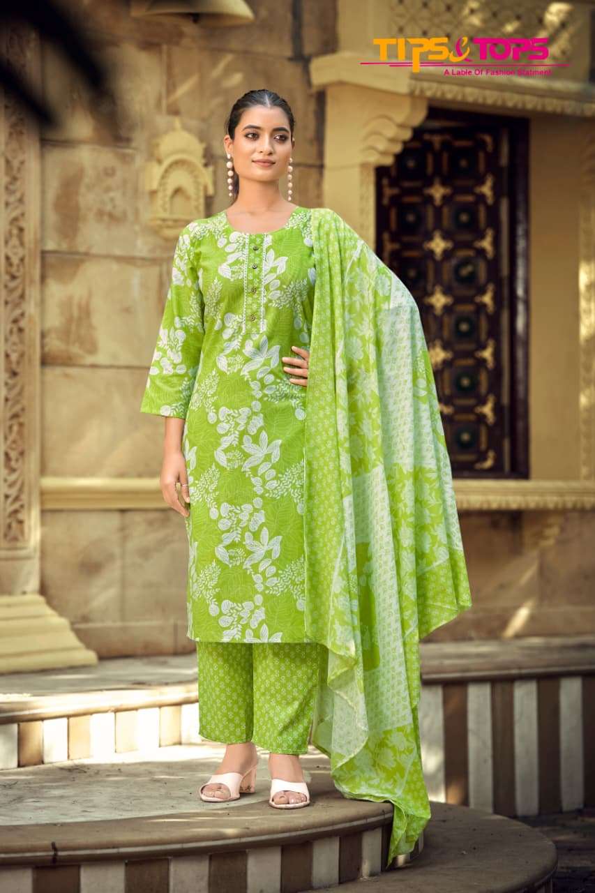TIPS AND TOPS SUMMER FASHION VOL 11 COTTON PRINT LADIES KURTI BOTTOM AND DUPATTA SET 