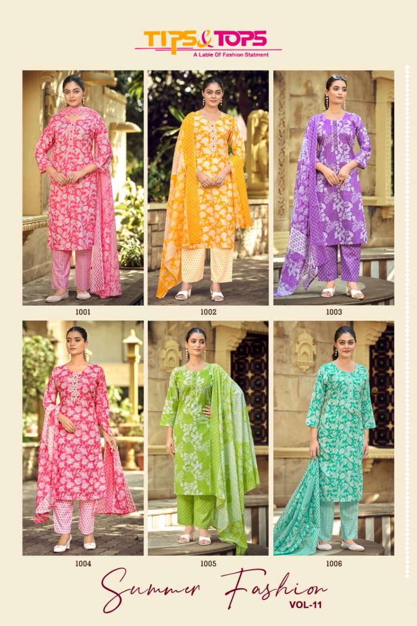 TIPS AND TOPS SUMMER FASHION VOL 11 COTTON PRINT LADIES KURTI BOTTOM AND DUPATTA SET 