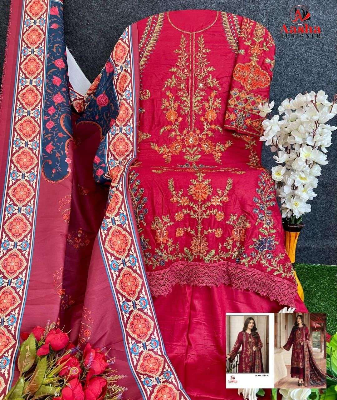 AASHA DESIGNER DESIGN NO - 1151 HEAVY RAYON SELF EMBROIDERED WORK GPO LACE PAKISTANI SUIT