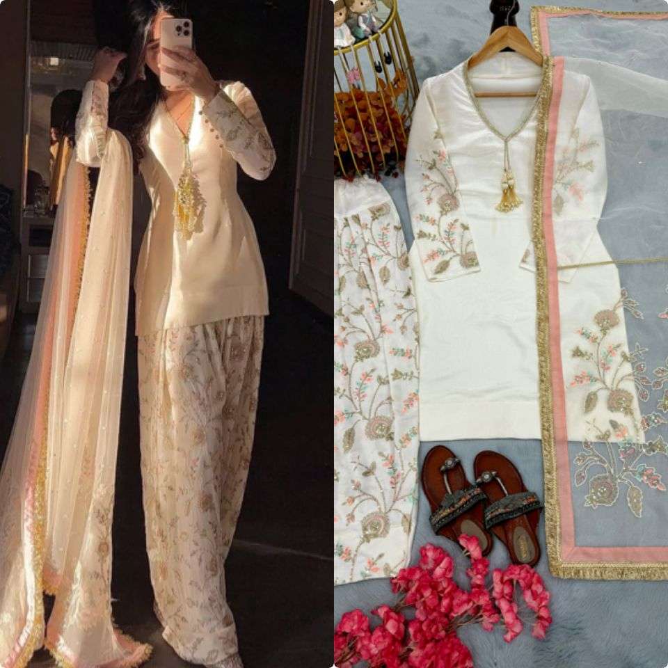 AD 225 DESIGNER PARTY WEAR LOOK TOP FARSHI PLAZZO AND DUPATTA SET 