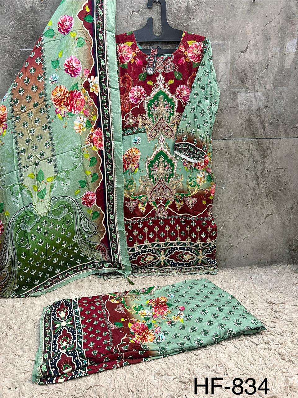 HOOR TEX HF 834 & HF 852 MUSLIN DIGITAL PRINT WITH DESIGNER WORK READY MADE PAKISTANI SUIT