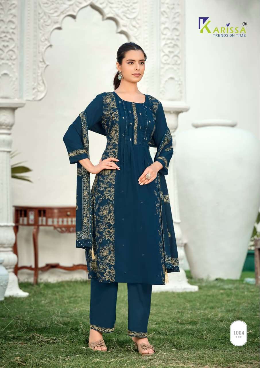 KARISSA MANNAT COTTON FANCY WORK LADIES A LINE PATTERN KURTI WITH BOTTOM AND DUPATTA SET 