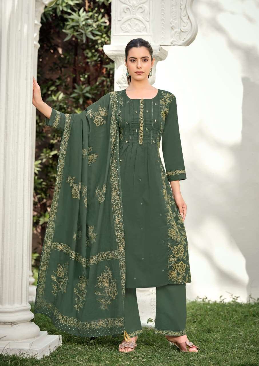 KARISSA MANNAT COTTON FANCY WORK LADIES A LINE PATTERN KURTI WITH BOTTOM AND DUPATTA SET 