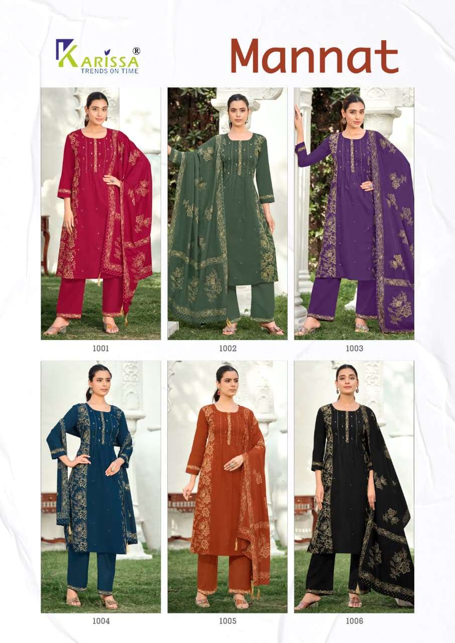 KARISSA MANNAT COTTON FANCY WORK LADIES A LINE PATTERN KURTI WITH BOTTOM AND DUPATTA SET 