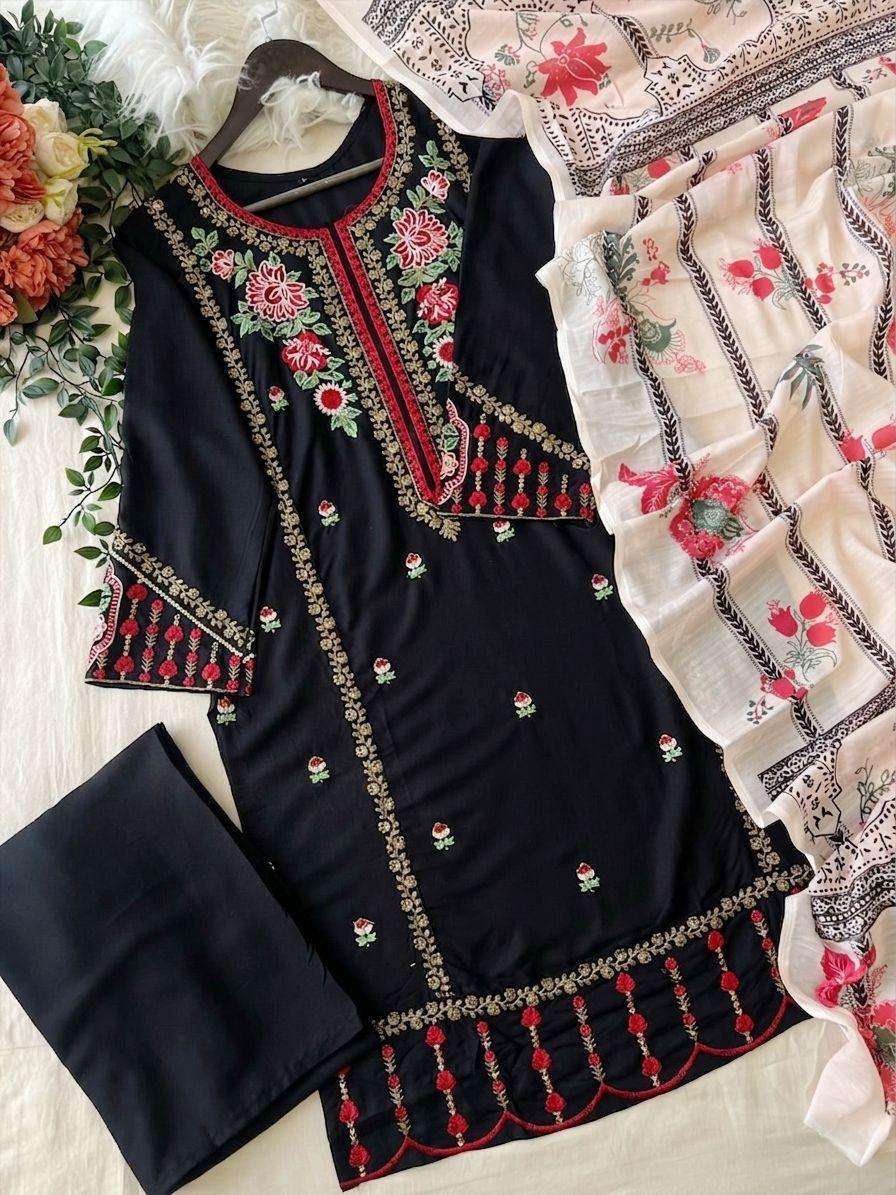 MF BLACK CHEVRON HIT DESIGN VISCOSE FANCY WORK READY MADE SUIT