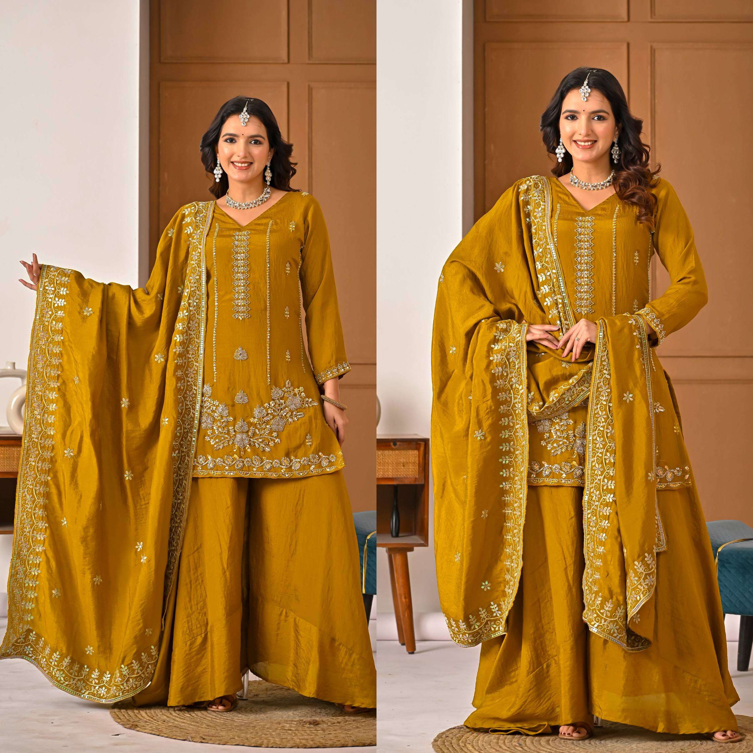 ND 5064 SILK DESIGNER PARTY WEAR LADIES TOP SHARARA PLAZZO AND DUPATTA SET 