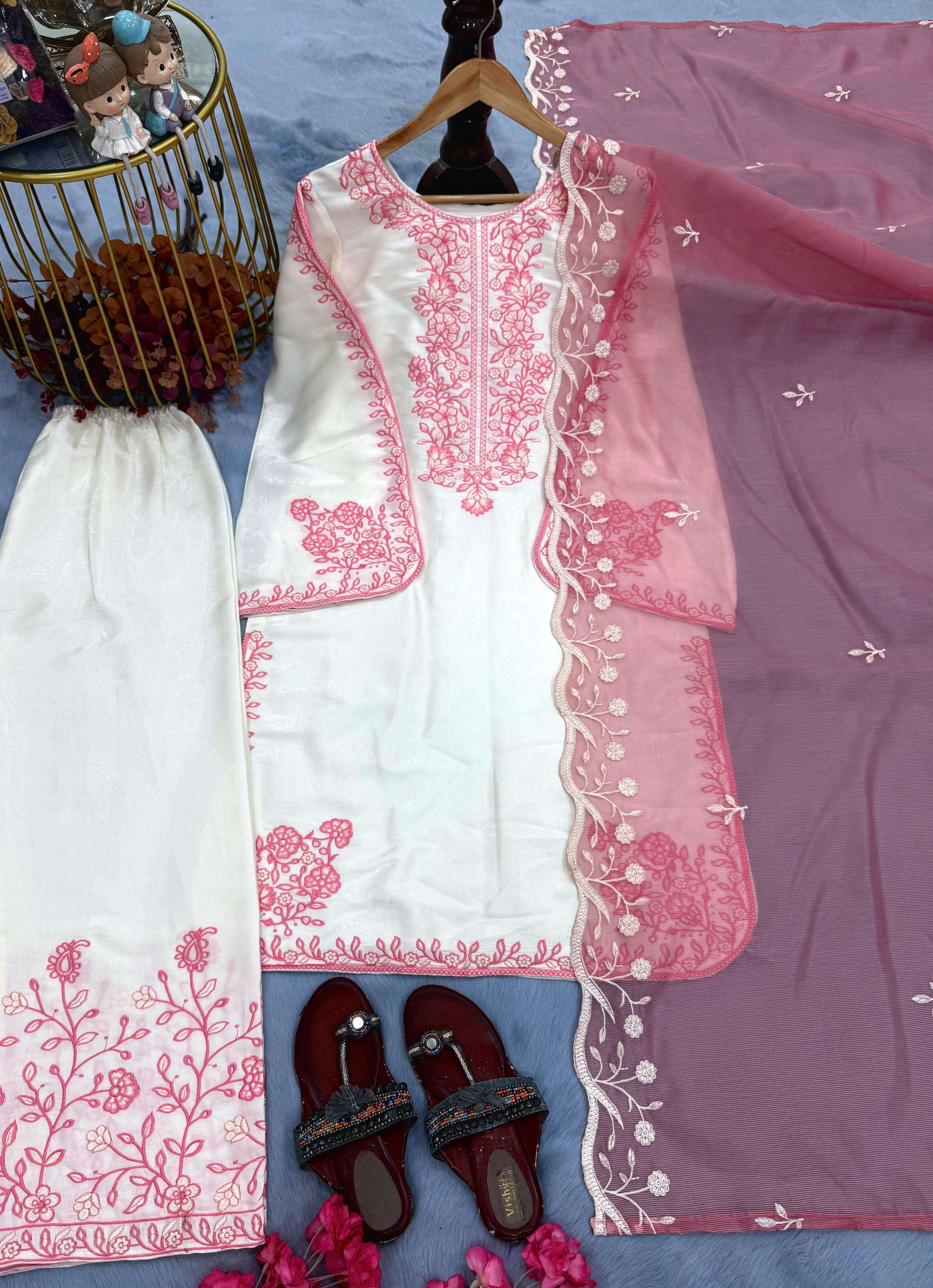 PD 1051 SILK DESIGNER WORK PARTY WEAR LOOK TOP FANCY PLAZZO AND DUPATTA SET 