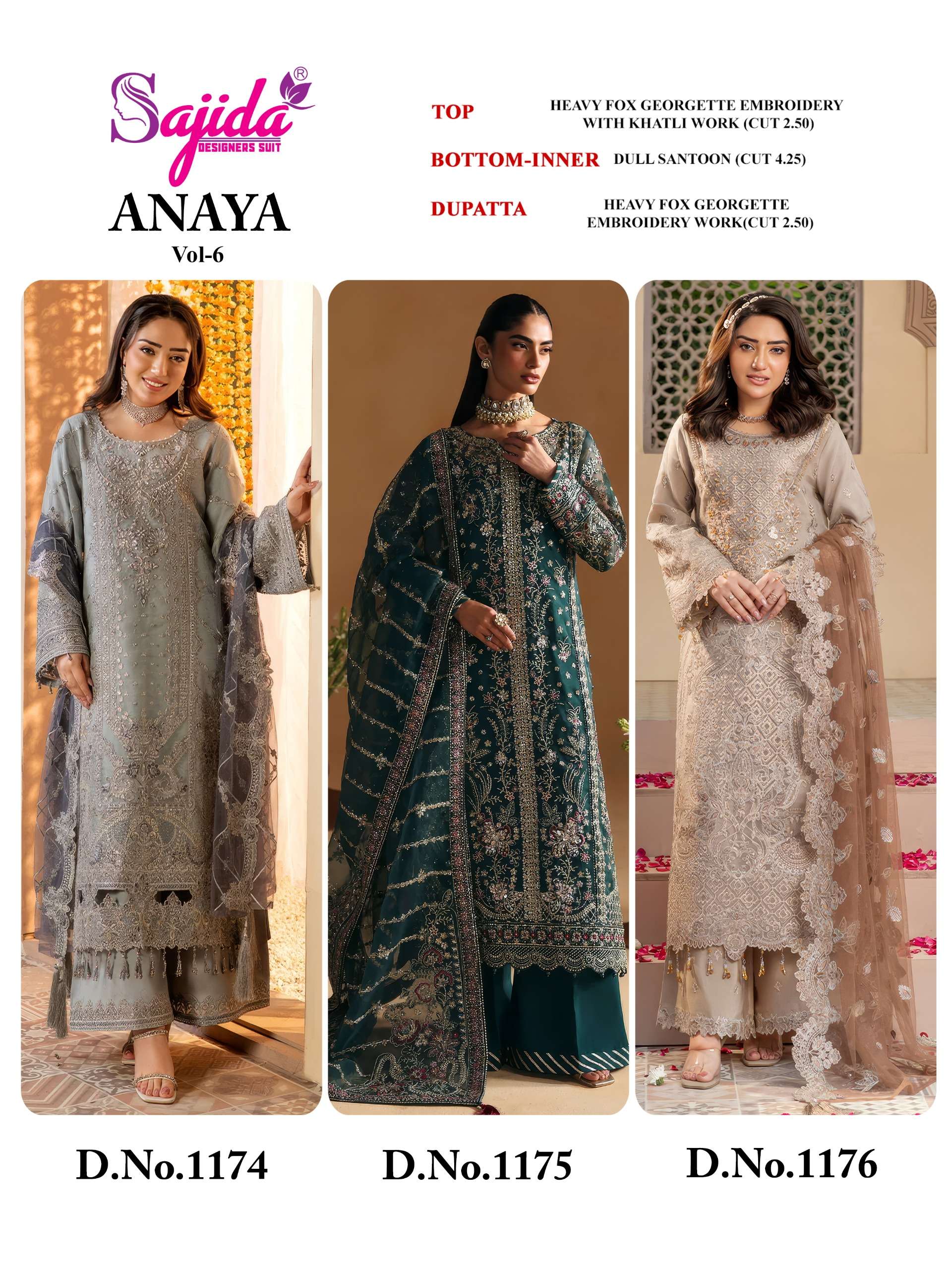 SAJIDA DESIGNER ANAYA VOL 6 GEORGETTE HEAVY EMBROIDERED DESIGNER SUIT