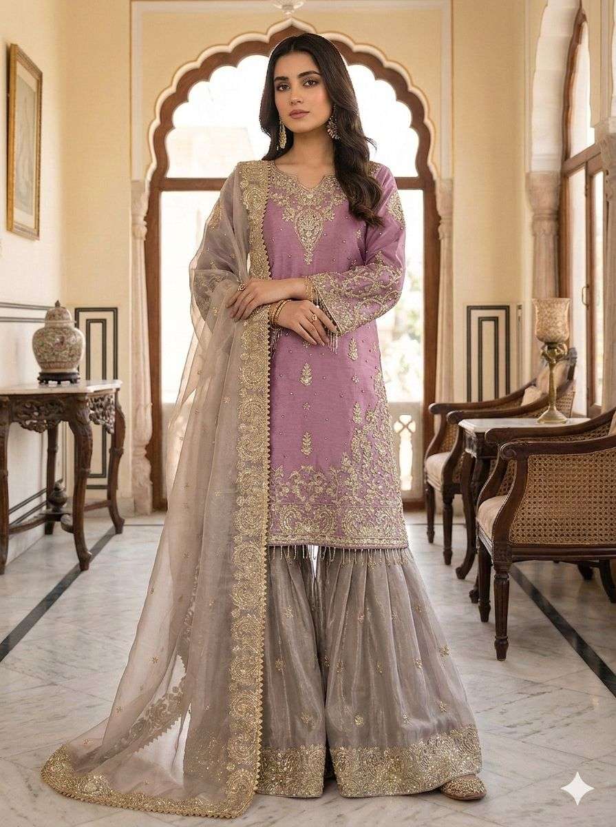 SR 1702 SILK HEAVY BEAUTIFUL EMBROIDERY DESIGNER FESTIVE WEAR LADIES SHARARA SUIT