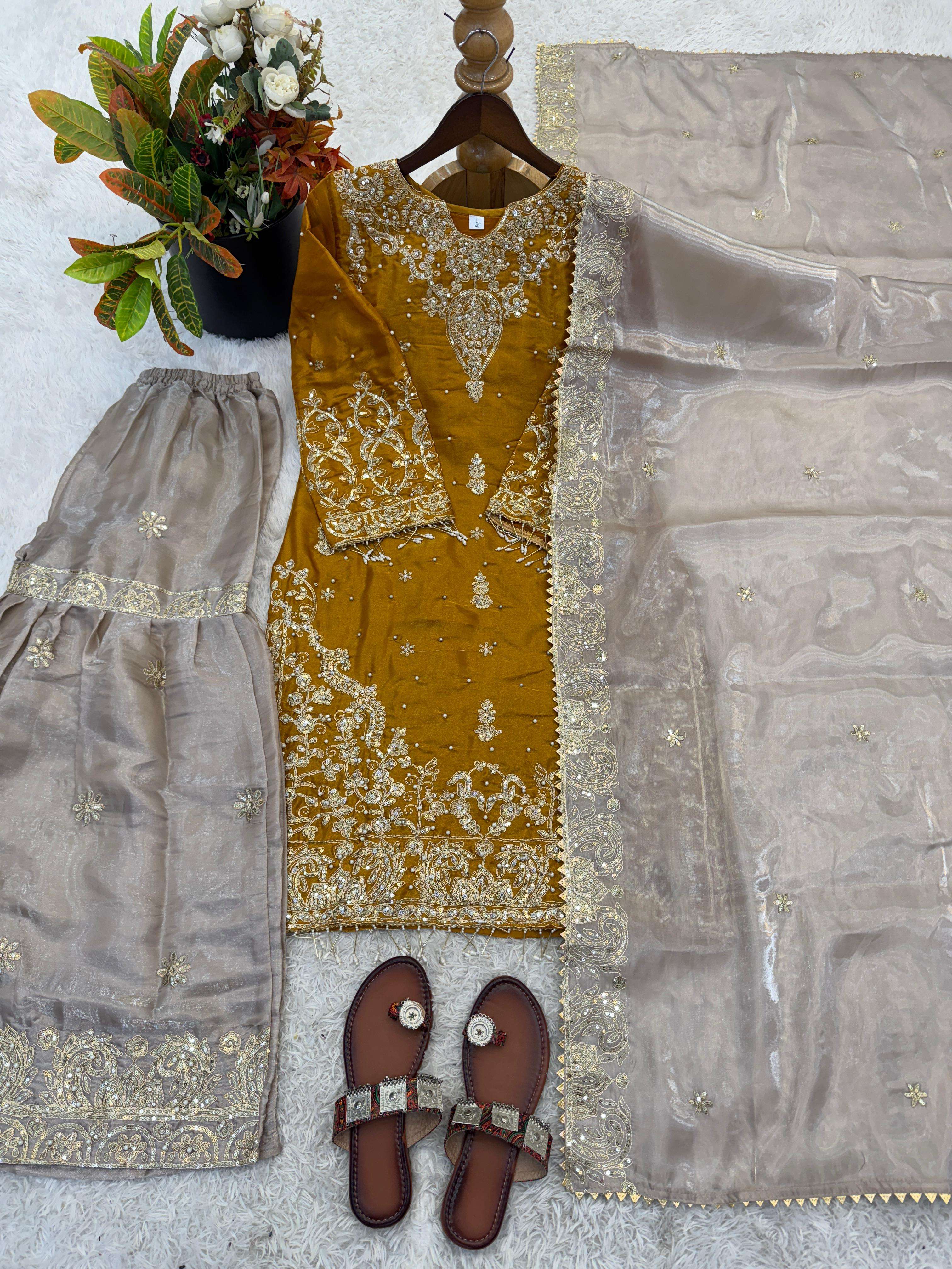 SR 1702 SILK HEAVY BEAUTIFUL EMBROIDERY DESIGNER FESTIVE WEAR LADIES SHARARA SUIT