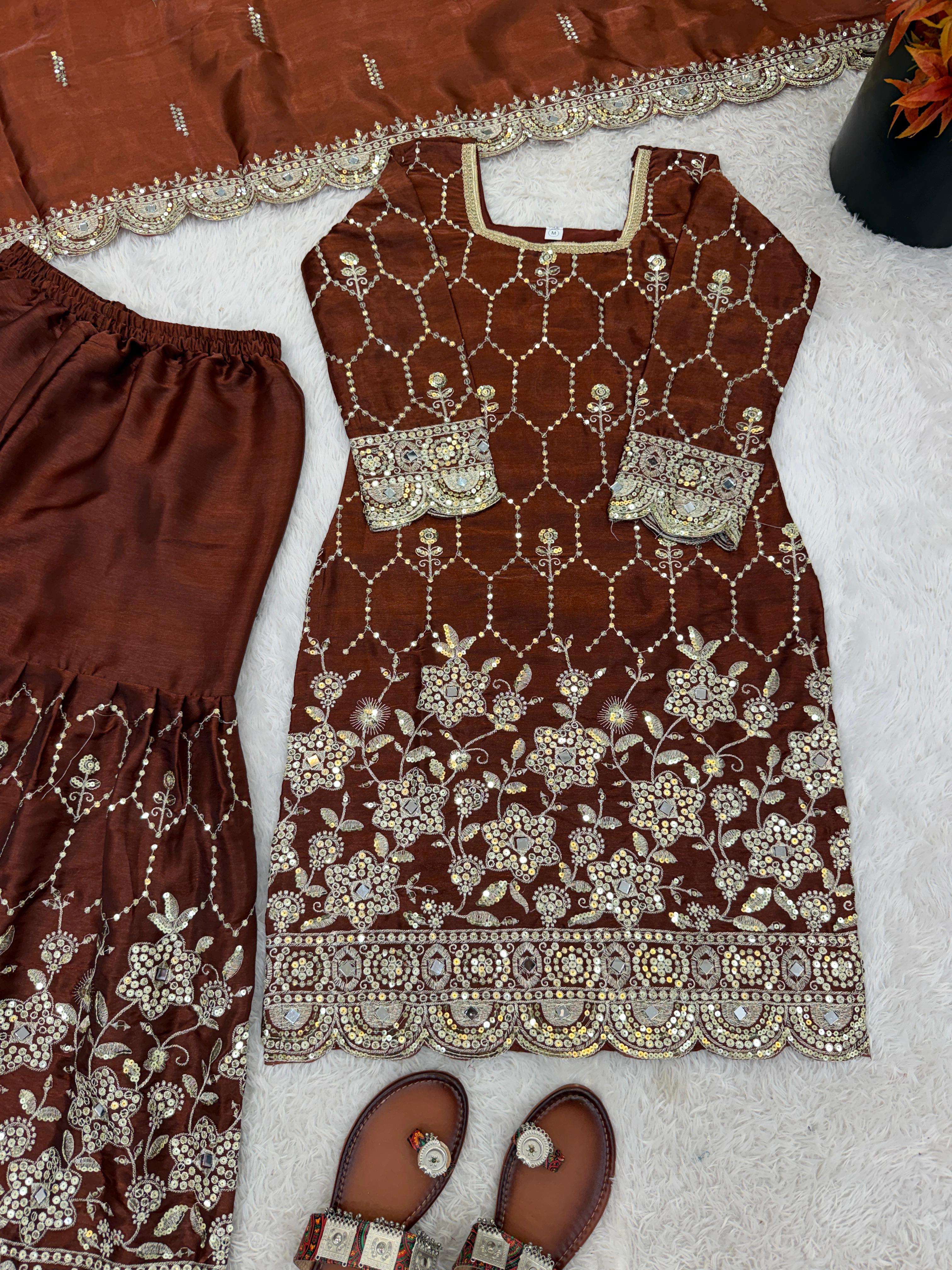 SR 1712 SILK SEQUENCE EMBROIDERY DESIGNER WORK PARTY WEAR LADIES SHARARA SUIT