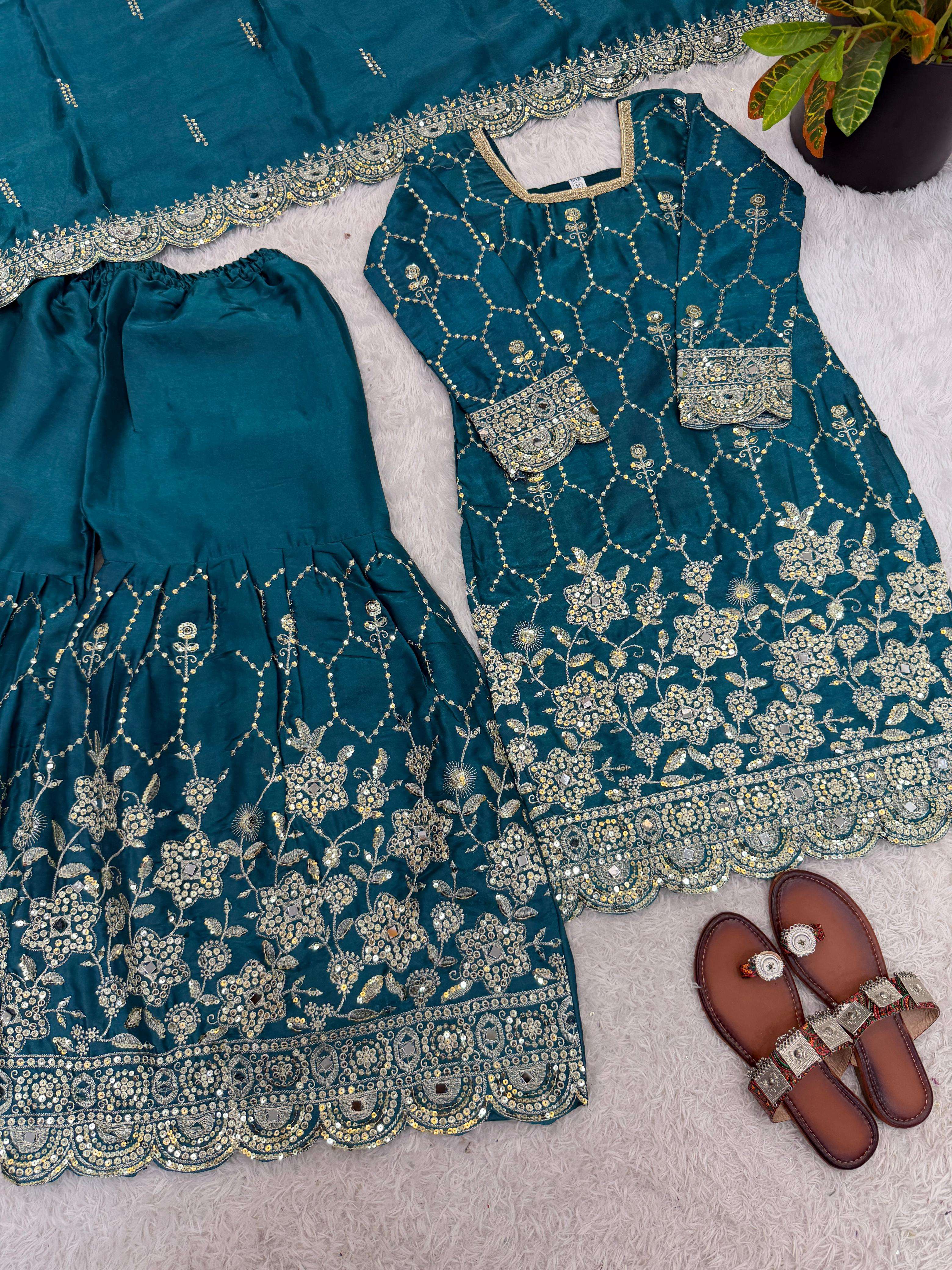 SR 1712 SILK SEQUENCE EMBROIDERY DESIGNER WORK PARTY WEAR LADIES SHARARA SUIT
