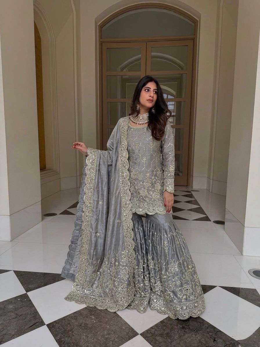 SR 1712 SILK SEQUENCE EMBROIDERY DESIGNER WORK PARTY WEAR LADIES SHARARA SUIT