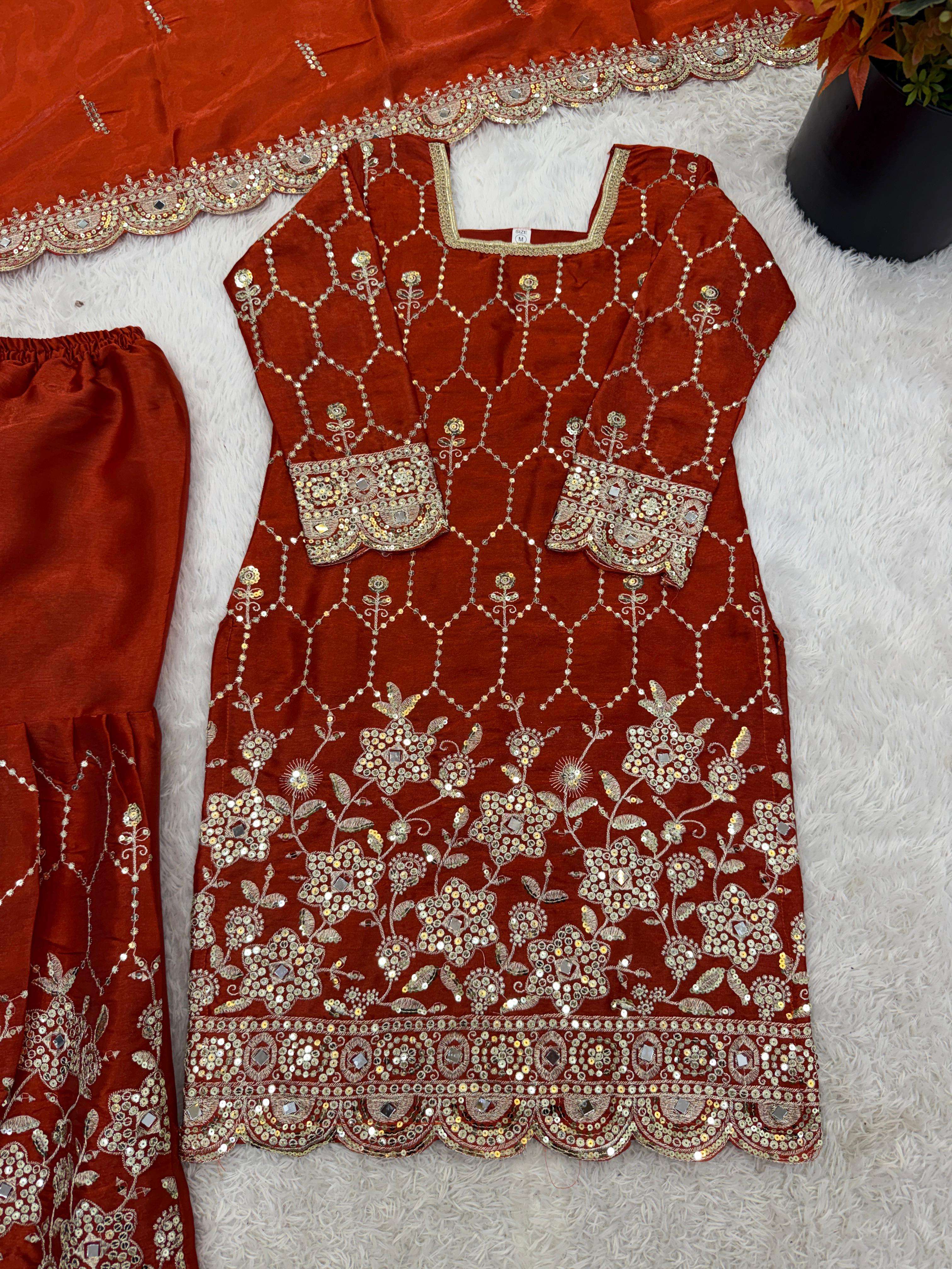 SR 1712 SILK SEQUENCE EMBROIDERY DESIGNER WORK PARTY WEAR LADIES SHARARA SUIT