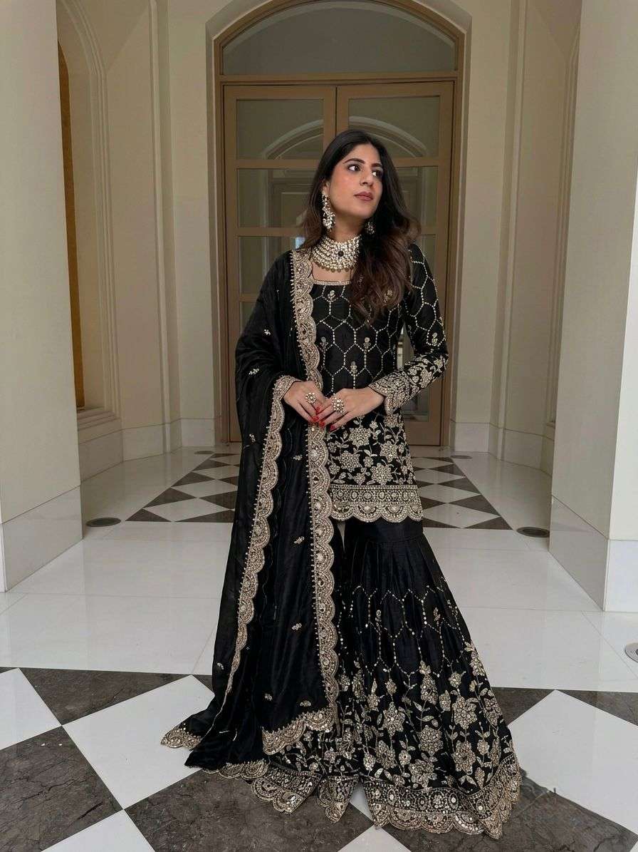 SR 1712 SILK SEQUENCE EMBROIDERY DESIGNER WORK PARTY WEAR LADIES SHARARA SUIT