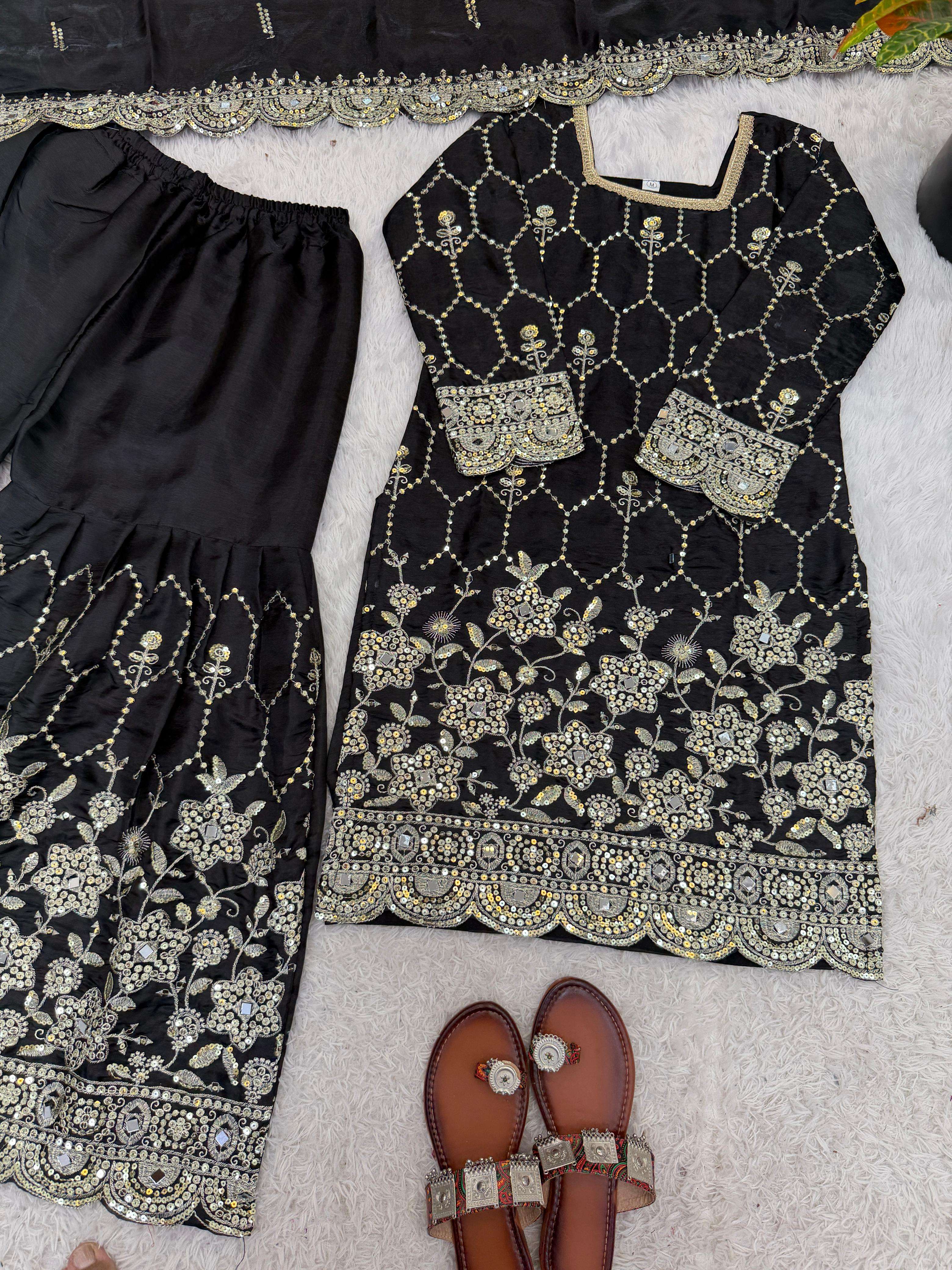 SR 1712 SILK SEQUENCE EMBROIDERY DESIGNER WORK PARTY WEAR LADIES SHARARA SUIT
