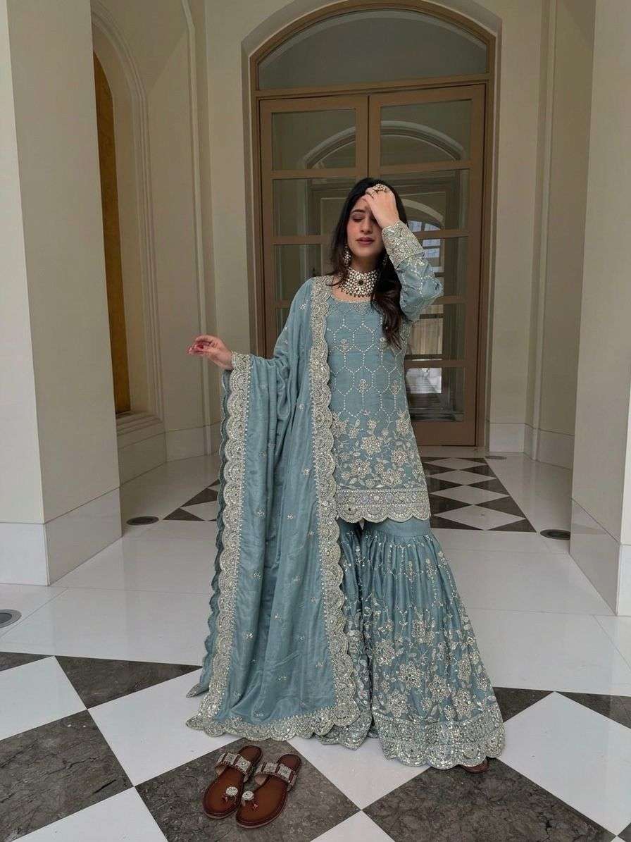 SR 1712 SILK SEQUENCE EMBROIDERY DESIGNER WORK PARTY WEAR LADIES SHARARA SUIT