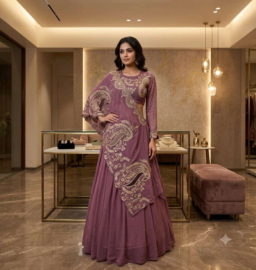 BE 400 GEORGETTE DESIGNER WEAR EMBROIDERED LEHENGA BLOUSE AND SHRUGE COLLECTION 