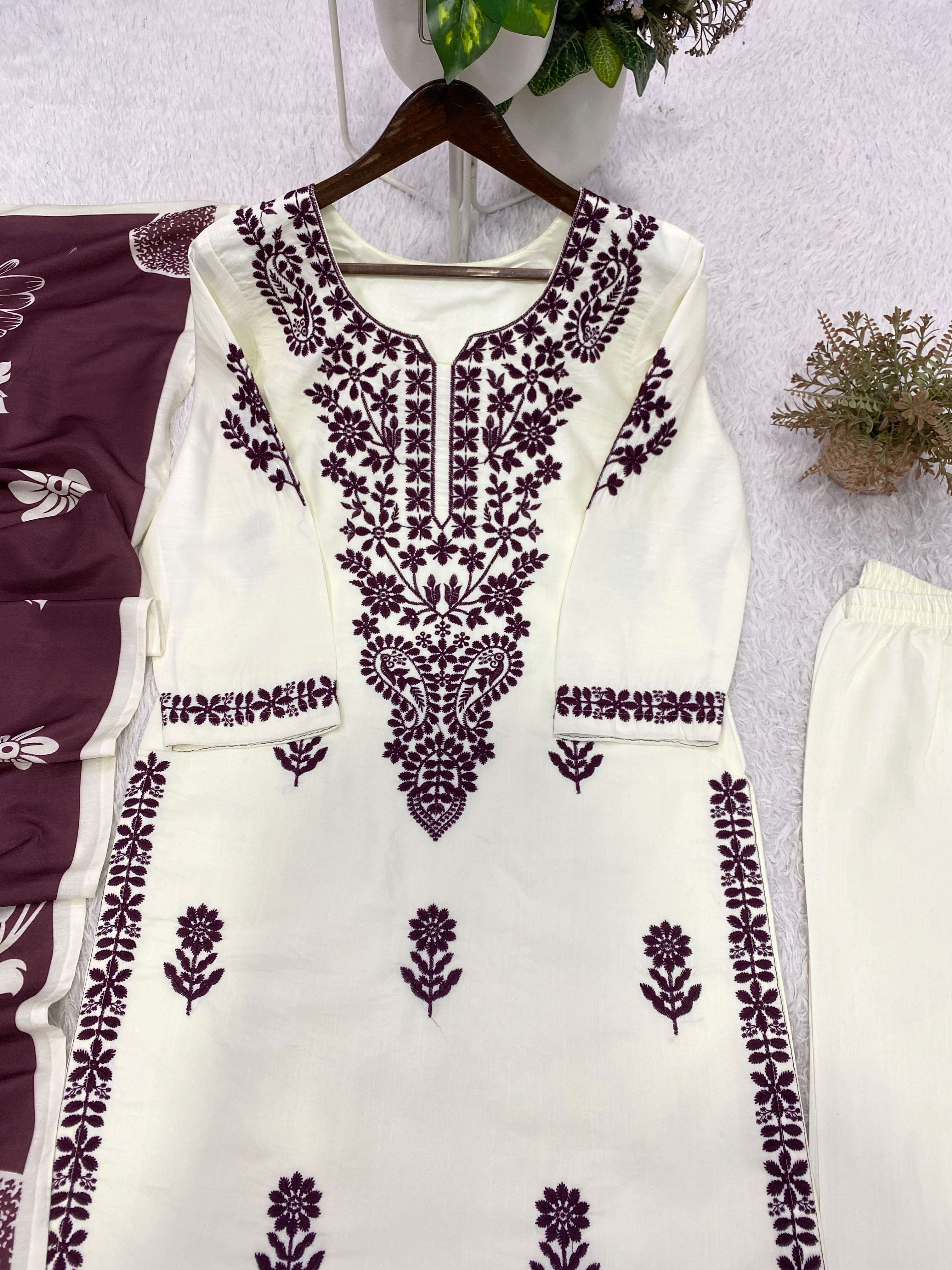 BE 474 RAYON FANCY EMBROIDERY WORK TOP PLAZZO AND DUPATTA SET 