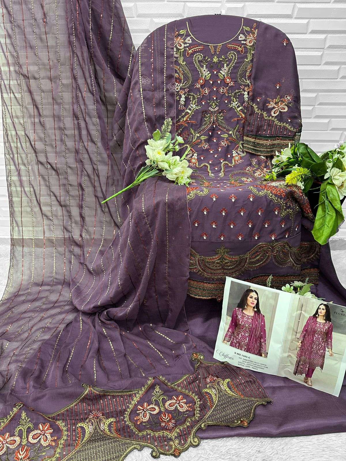 FLORENT D NO 1063 CHIFFON HEAVY EMBROIDERED DESIGNER PAKISTANI SUIT