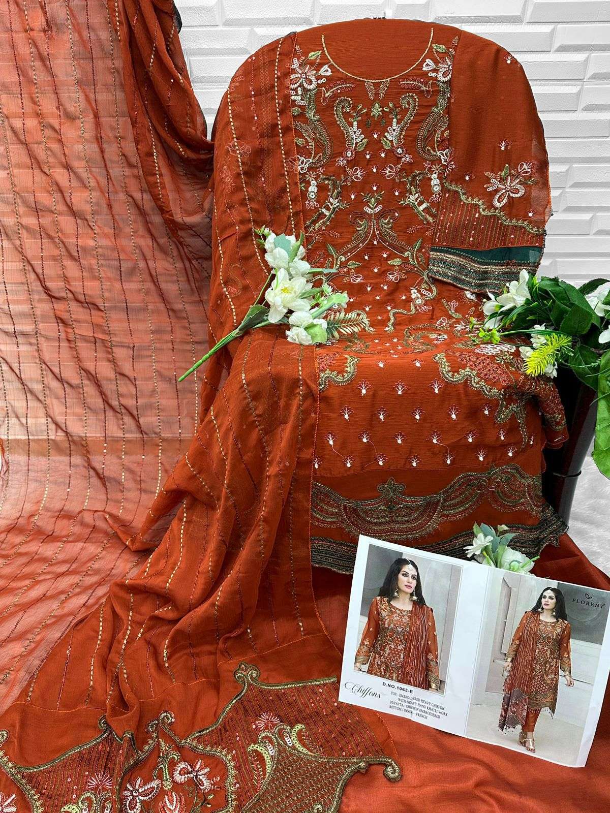 FLORENT D NO 1063 CHIFFON HEAVY EMBROIDERED DESIGNER PAKISTANI SUIT