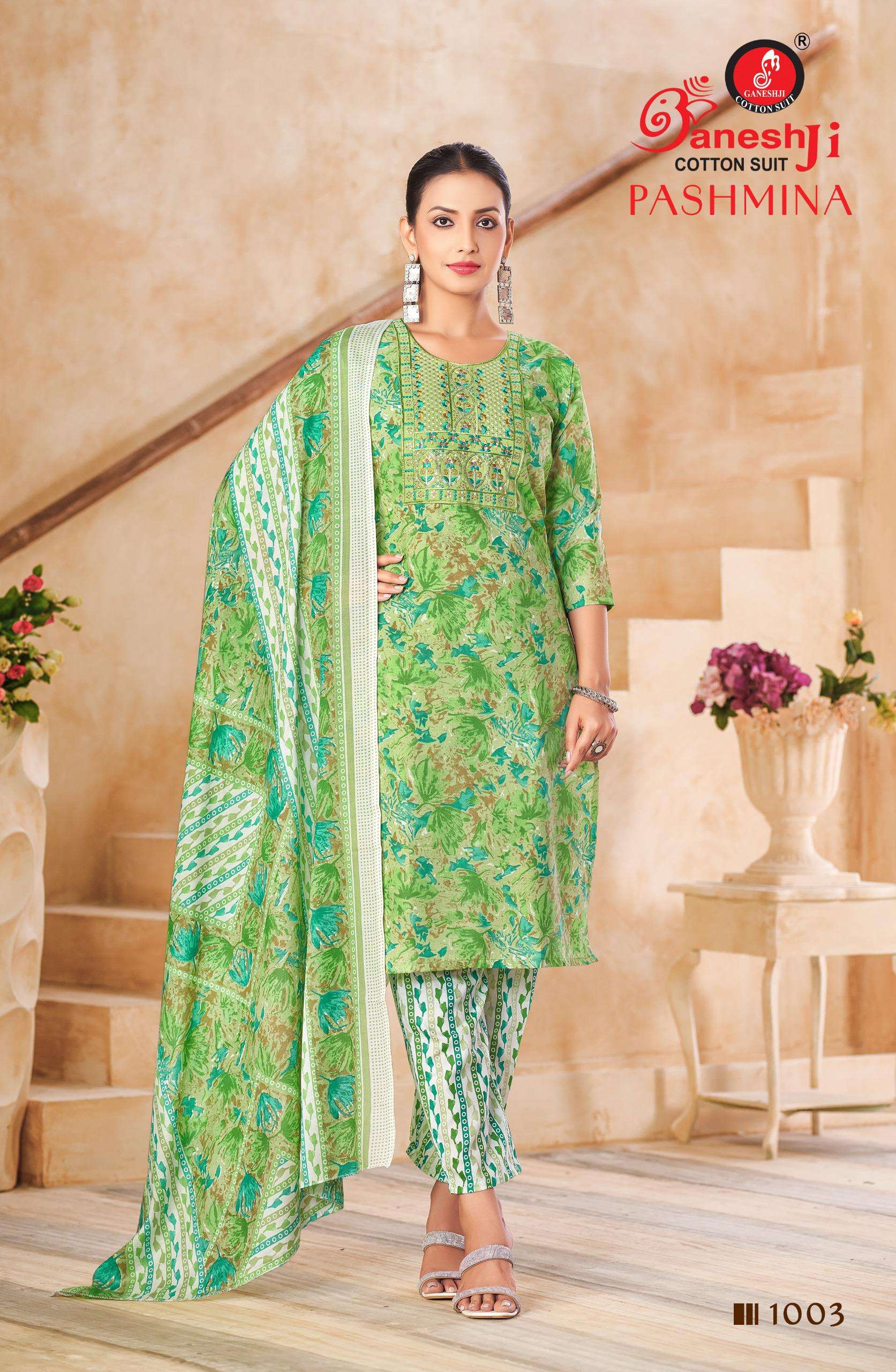 GANESHJI COTTON SUIT PASHMINA VOL 1 COTTON PRINT WITH FANCY WORK SUIT