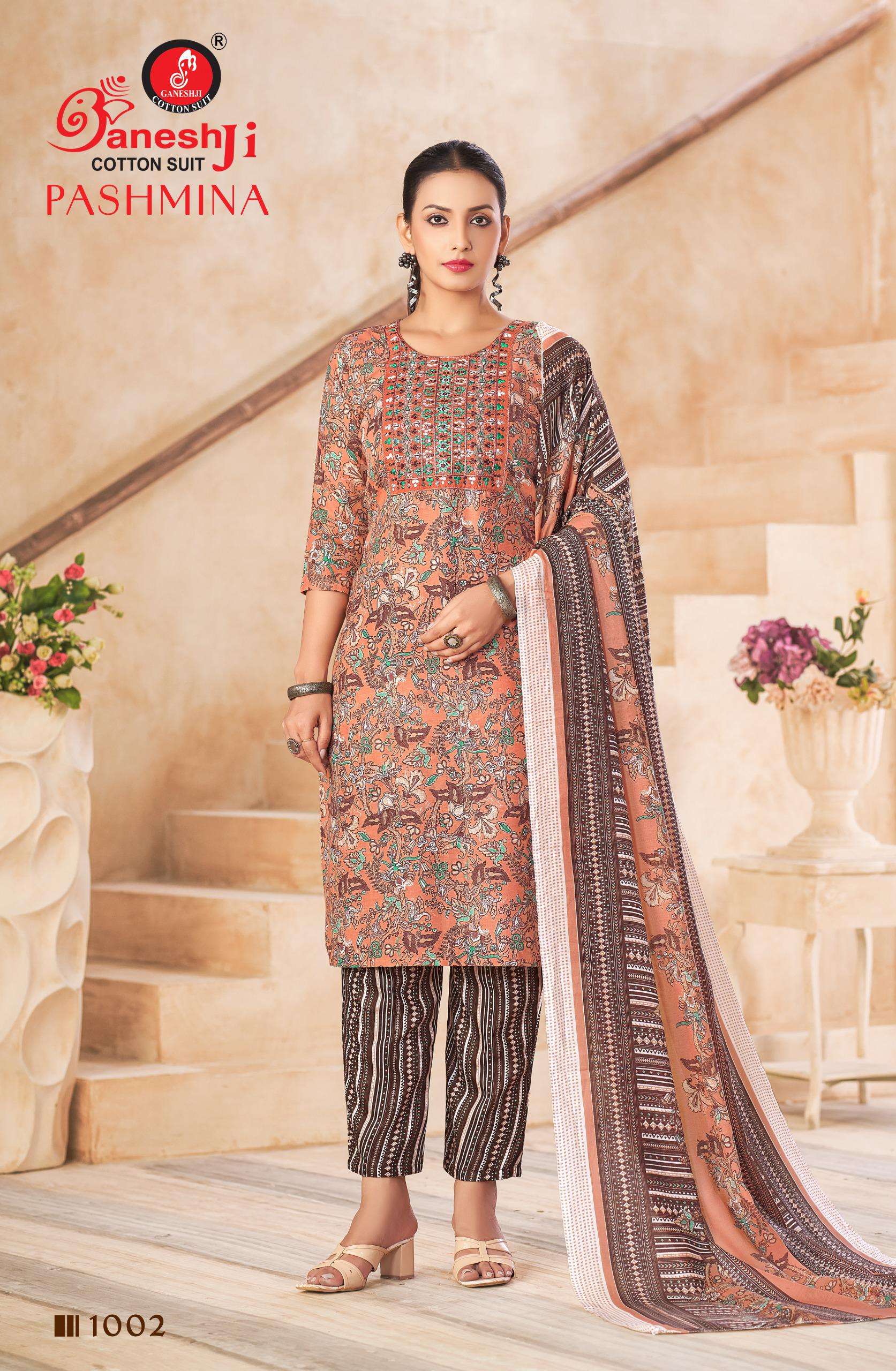 GANESHJI COTTON SUIT PASHMINA VOL 1 COTTON PRINT WITH FANCY WORK SUIT