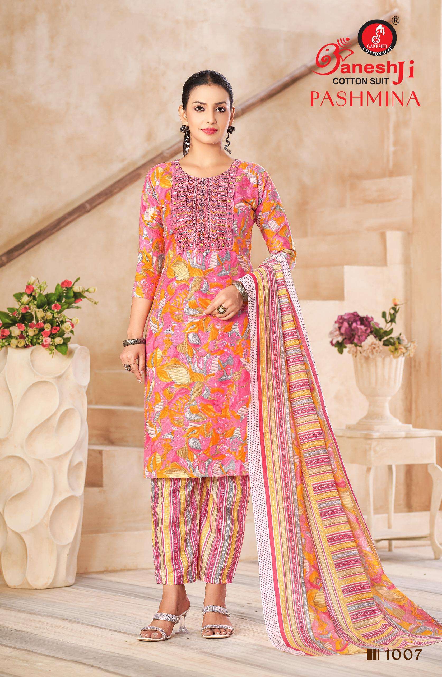 GANESHJI COTTON SUIT PASHMINA VOL 1 COTTON PRINT WITH FANCY WORK SUIT
