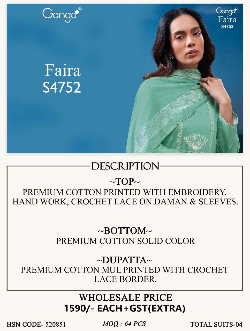 GANGA FAIRA 4752 COTTON PRINTED WITH EMBROIDERY DESIGNER WORK SUIT