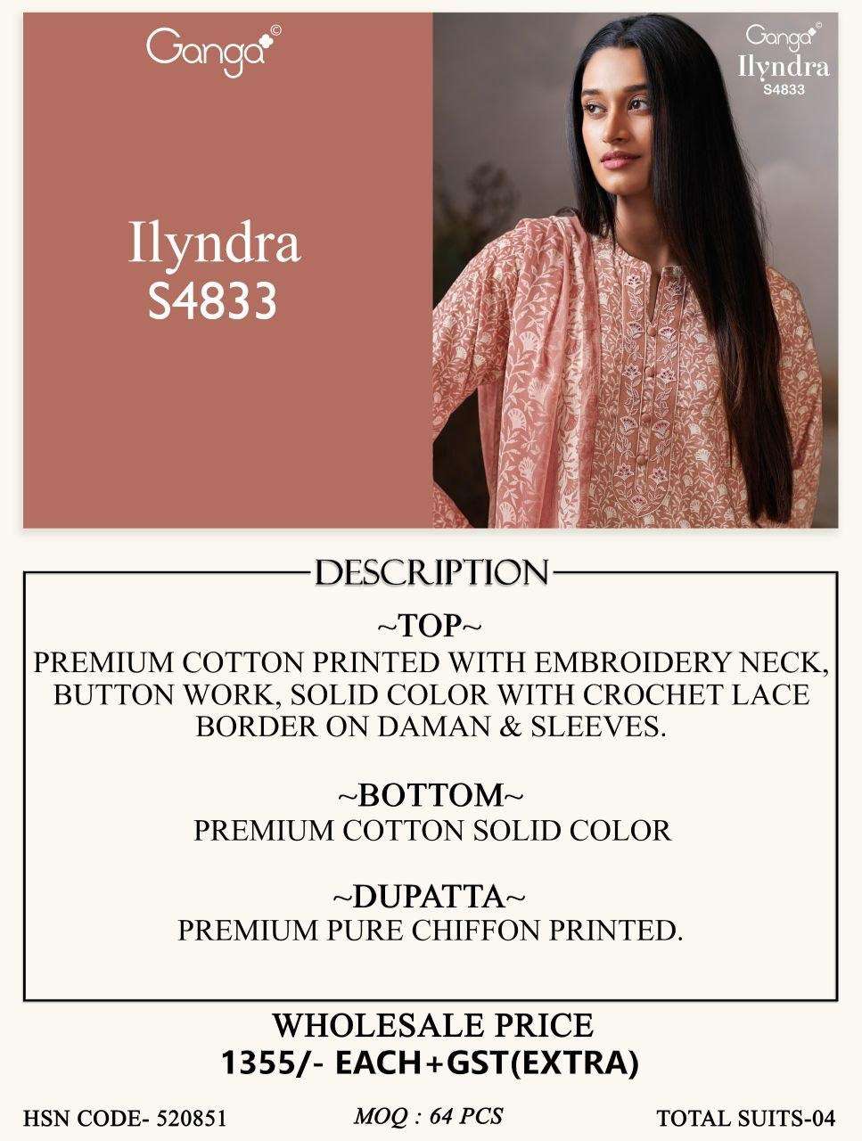  GANGA ILYNDRA 4833 COTTON PRINTED WITH EMBROIDERY DESIGNER WORK SUIT
