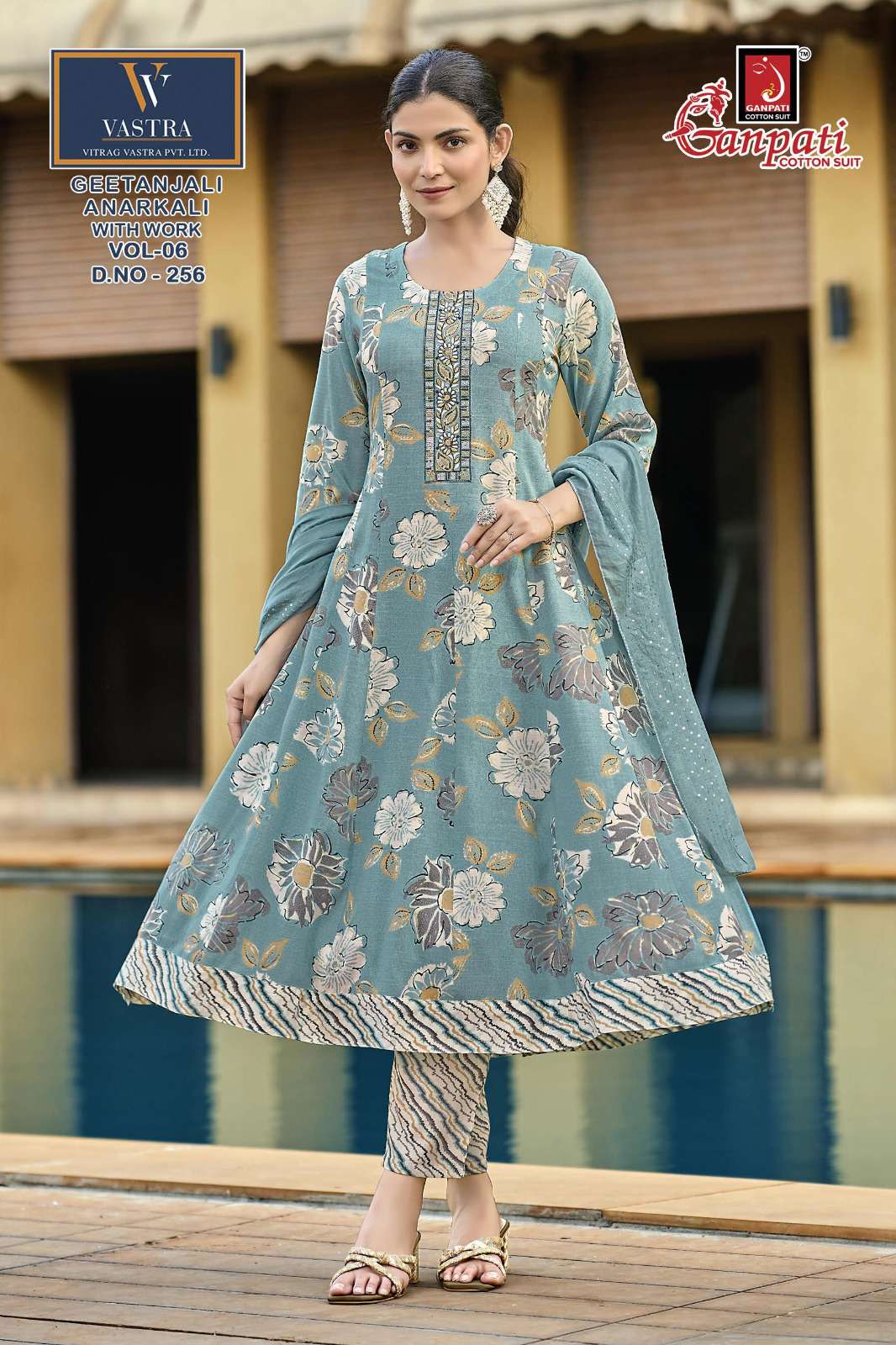 GANPATI GEETANJALI ANARKALI VOL 6 RAYON PRINT LADIES KURTI BOTTOM AND DUPATTA SET 