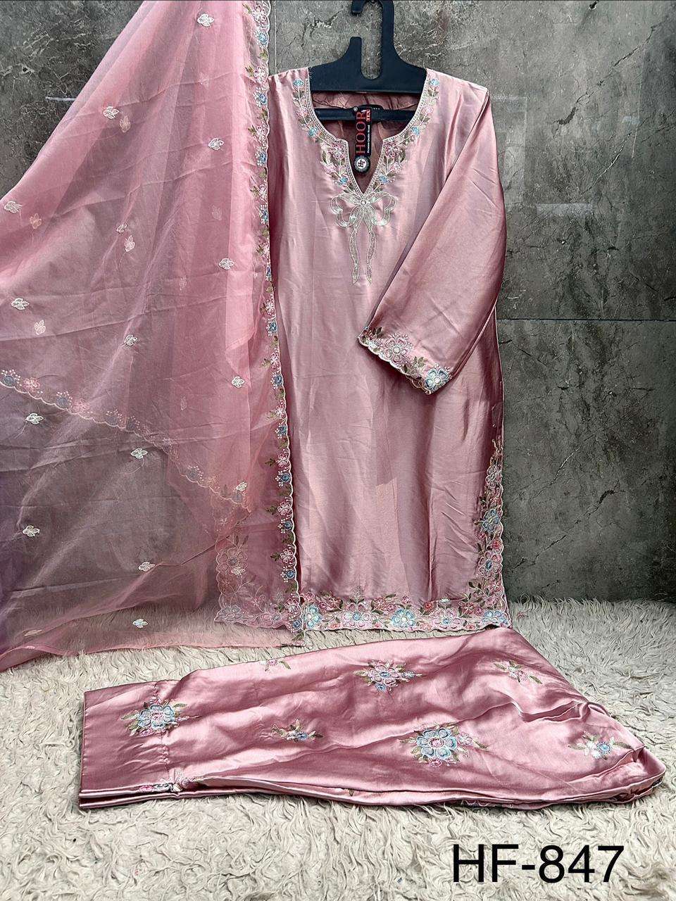 HOOR TEX HF 847 SATIN FABRIC DESIGNER WORK READY MADE PAKISTANI SUIT
