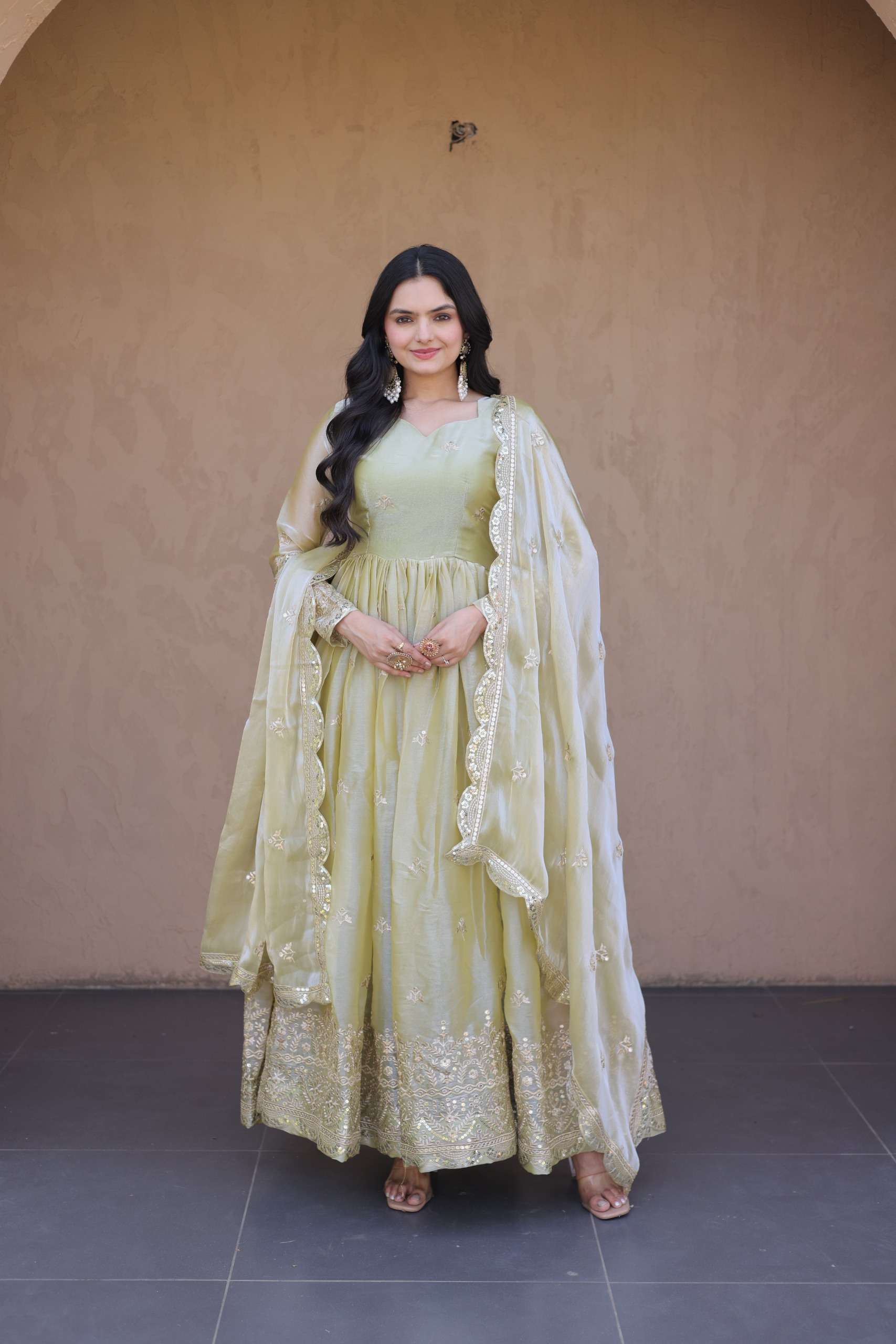 KA 1260 SILK SEQUENCE EMBROIDERY DESIGNER WORK GOWN WITH DUPATTA SET 