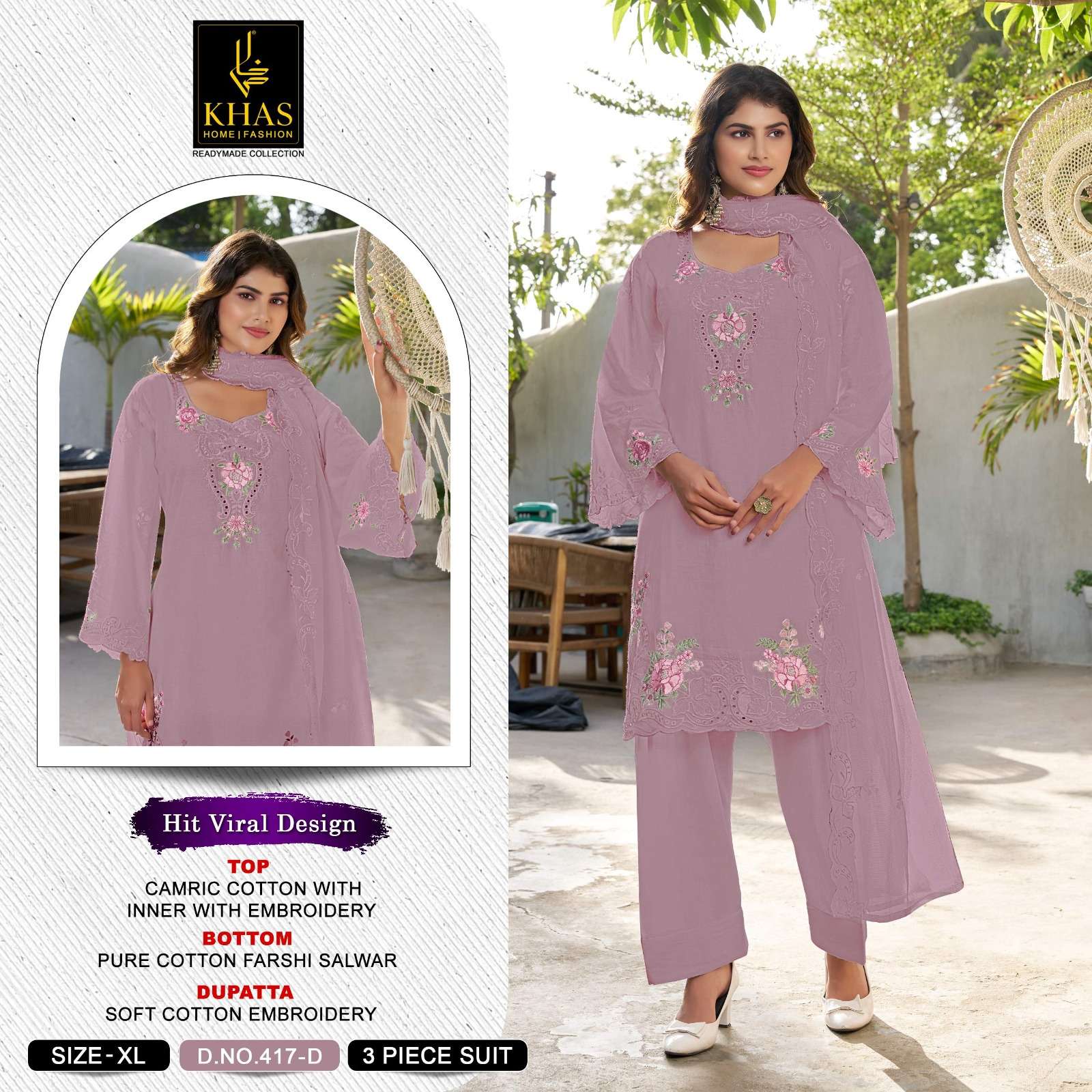 KHAS FASHION D NO 417 COTTON EMBROIDERY DESIGNER WORK READY MADE SUIT
