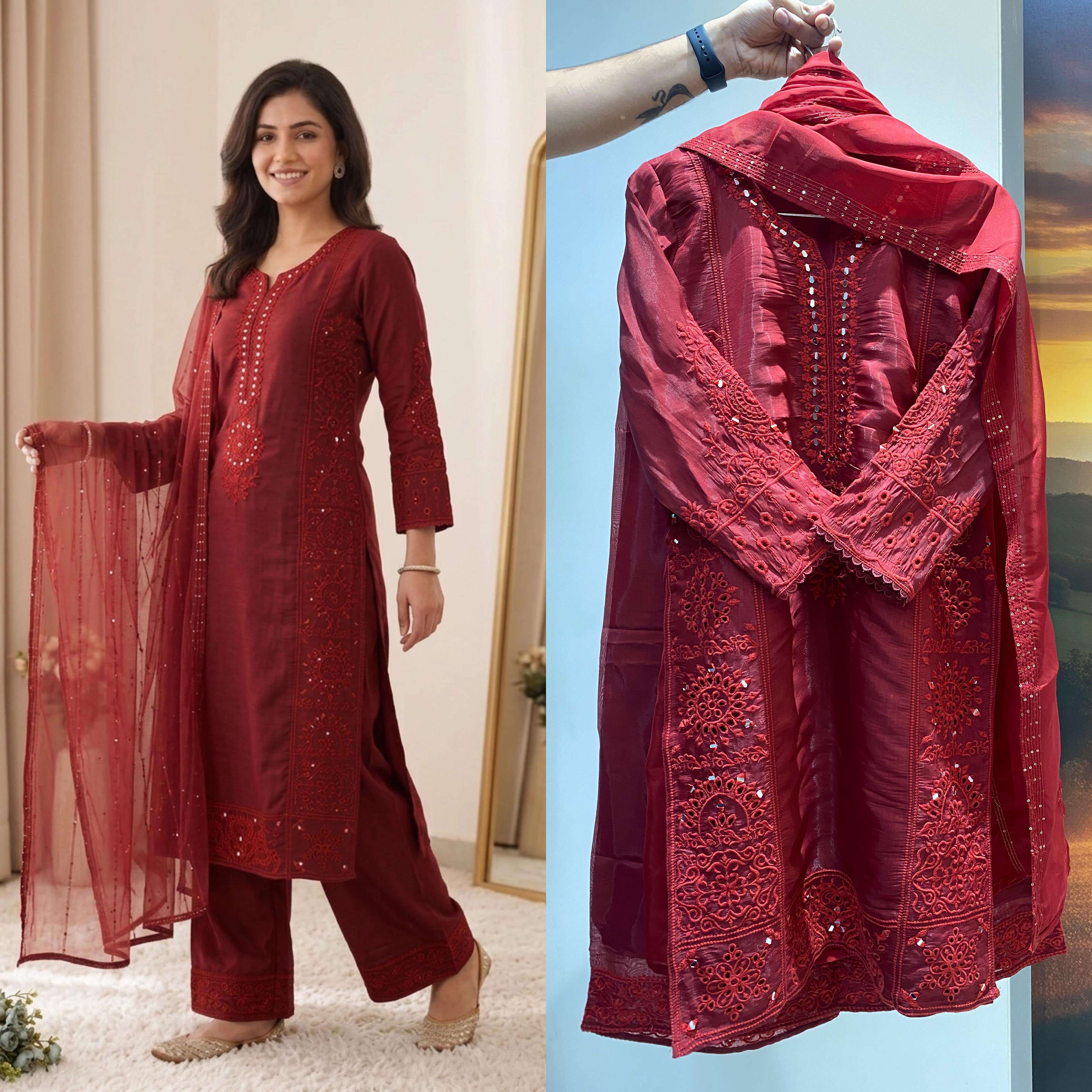 LG 2106 CHANDERI SILK BEAUTIFUL EMBROIDERY DESIGNER WORK READY MADE LADIES SUIT