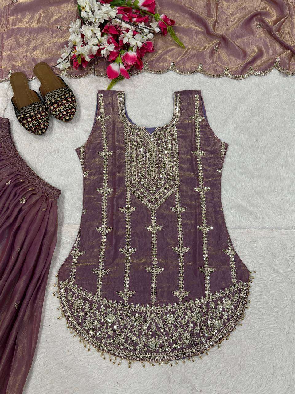 MD 3094 SILK HEAVY EMBROIDERD DESIGNER PARTY WEAR LADIES TOP SHARARA AND DUPATTA SET 