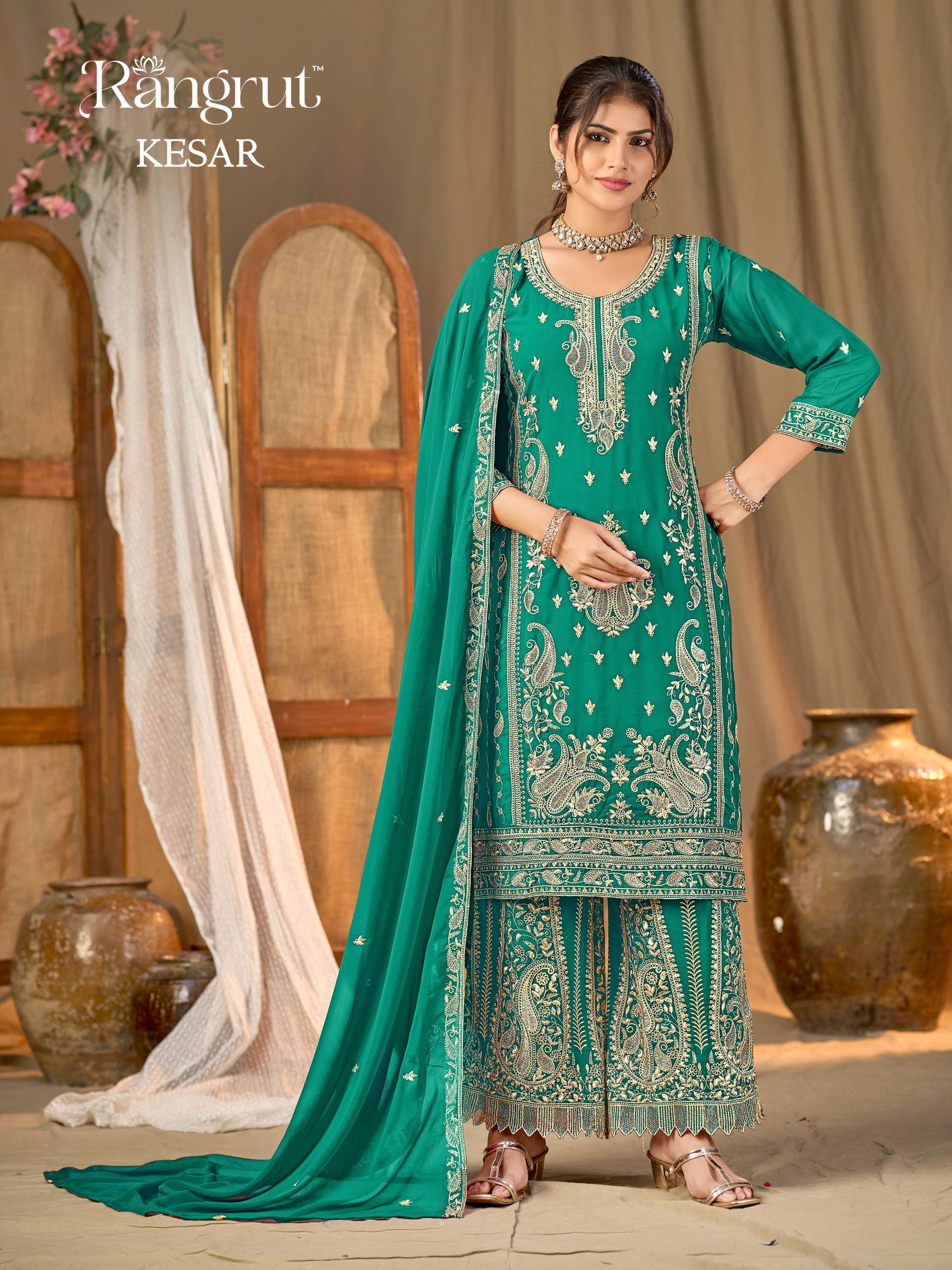MUKESH  KESAR GEORGETTE HEAVY EMBROIDERED DESIGNER READY MADE SUIT